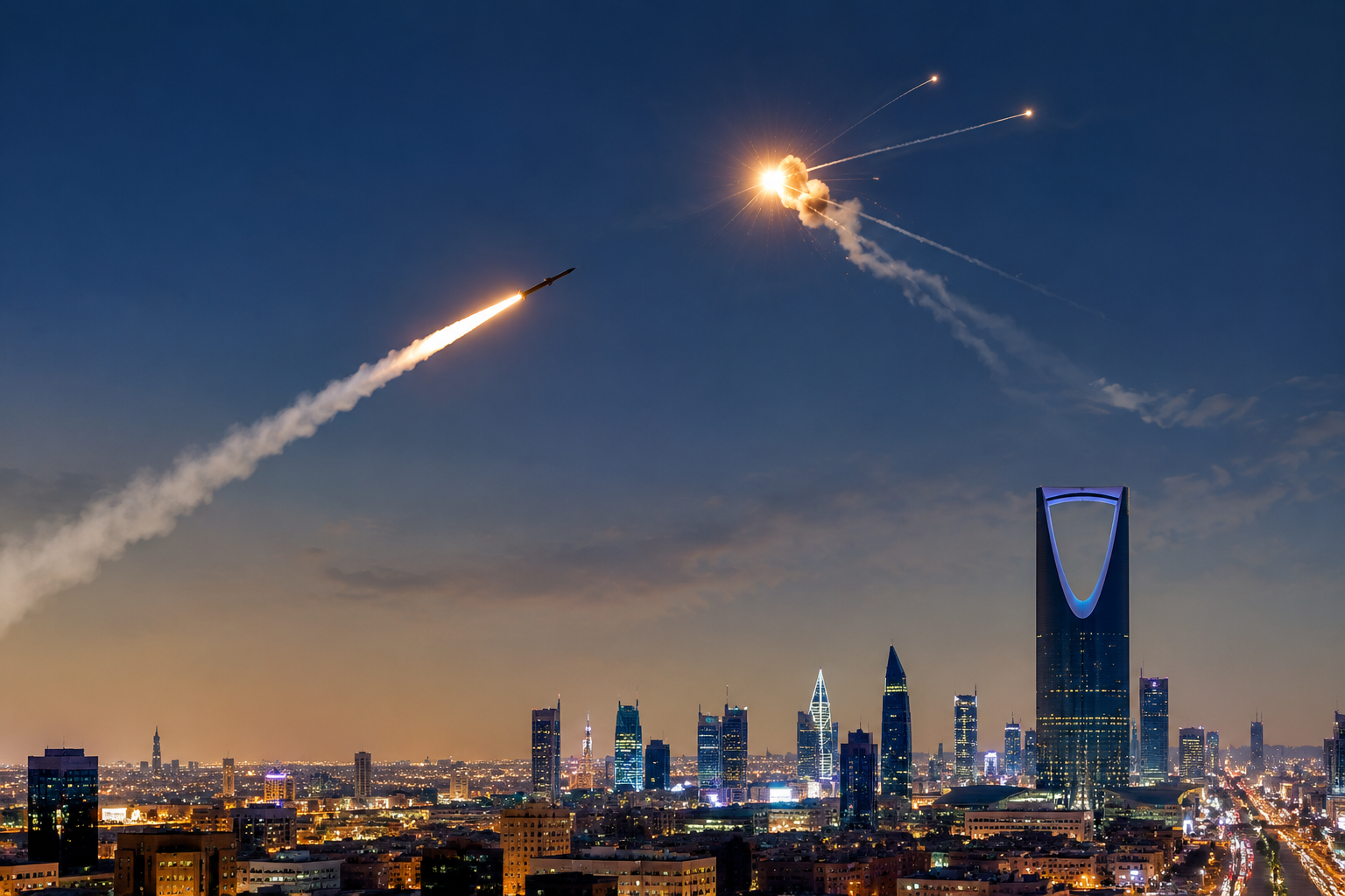 Houthi missile attack targeting Riyadh, Saudi Arabia, with missile interception by air defence systems over the city amid rising Yemen and Red Sea tensions.