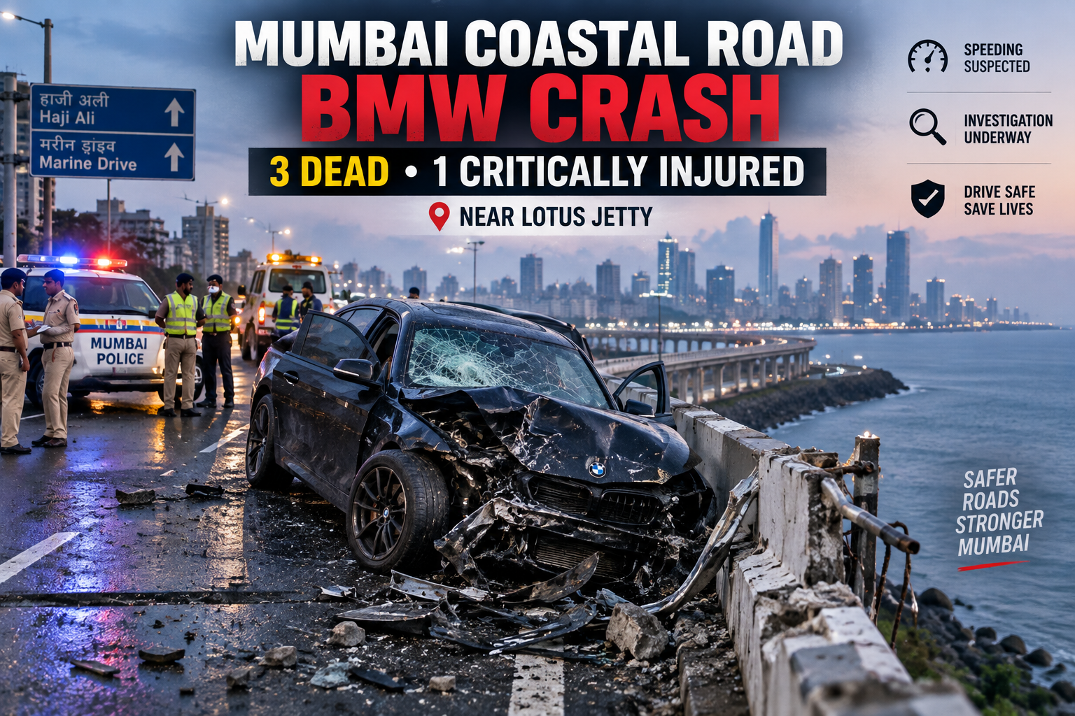 Mumbai Coastal Road Tragedy: BMW Crash Leaves 3 Dead