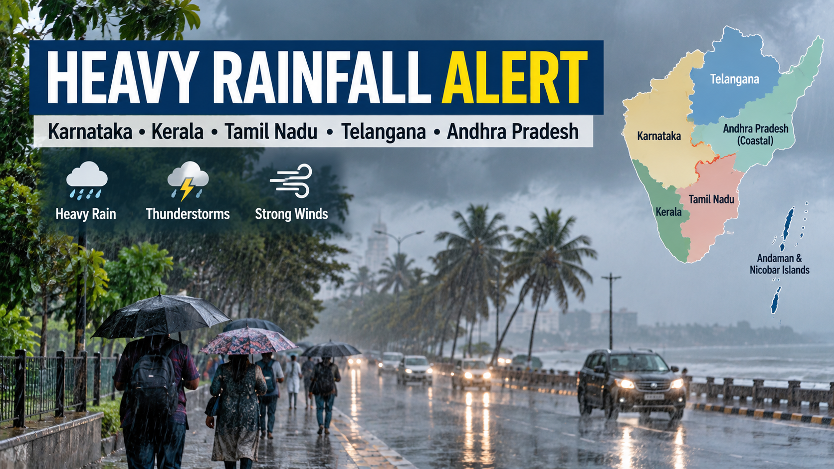 Heavy rainfall forecast across Karnataka, Kerala, Tamil Nadu, Telangana, Coastal Andhra Pradesh and Andaman and Nicobar Islands.
