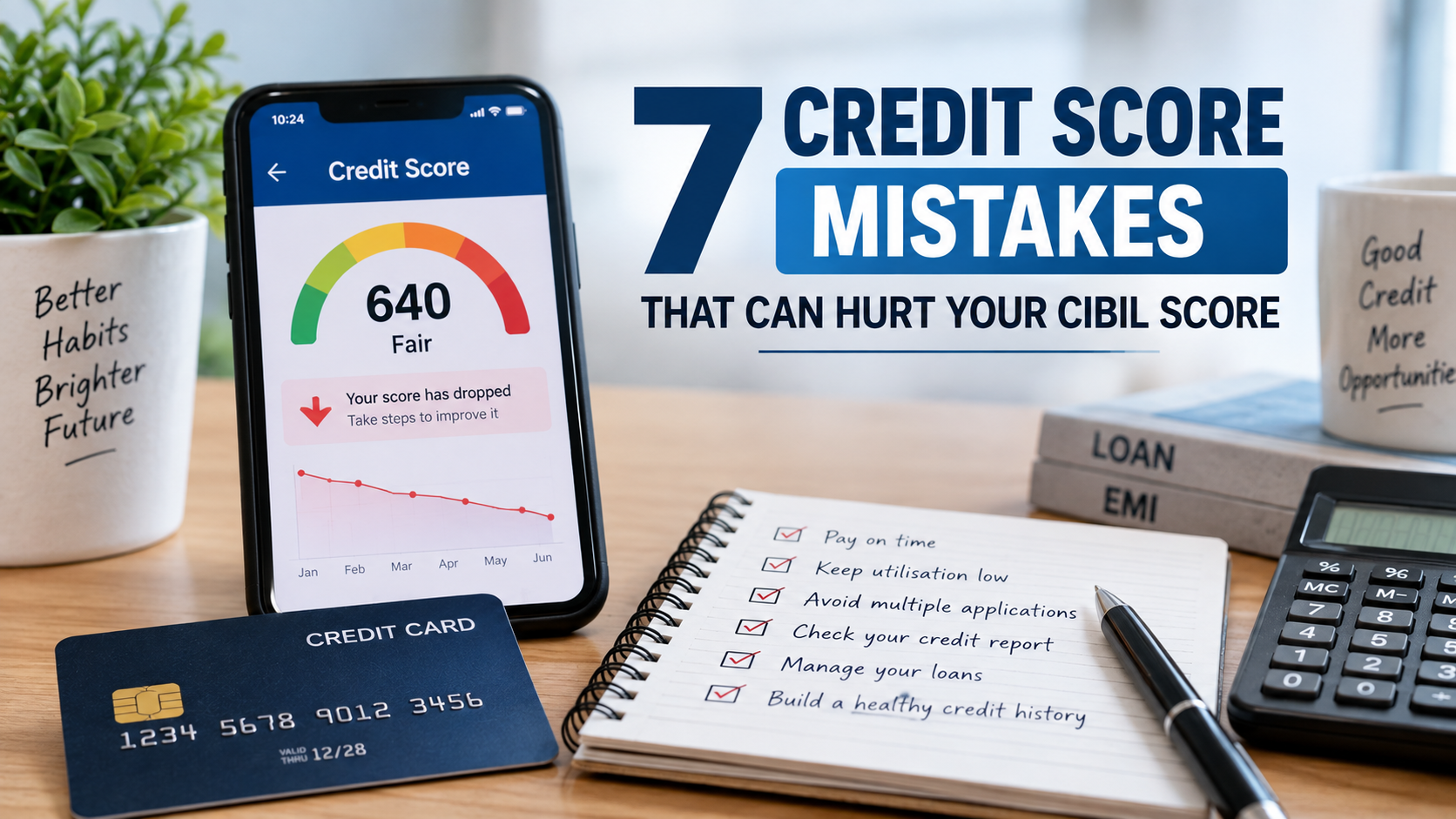Seven common credit score mistakes that can hurt your CIBIL Score, including missed EMIs, high credit utilisation and multiple loan enquiries.