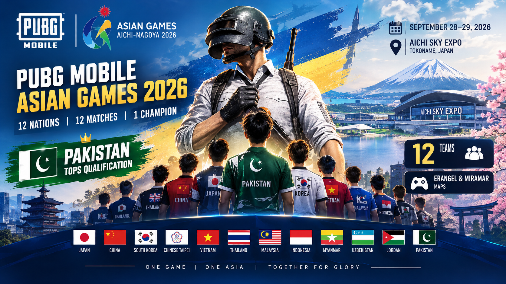 PUBG Mobile Asian Games 2026 featuring 12 national esports teams competing in Aichi-Nagoya, Japan, with Pakistan topping the qualification stage.