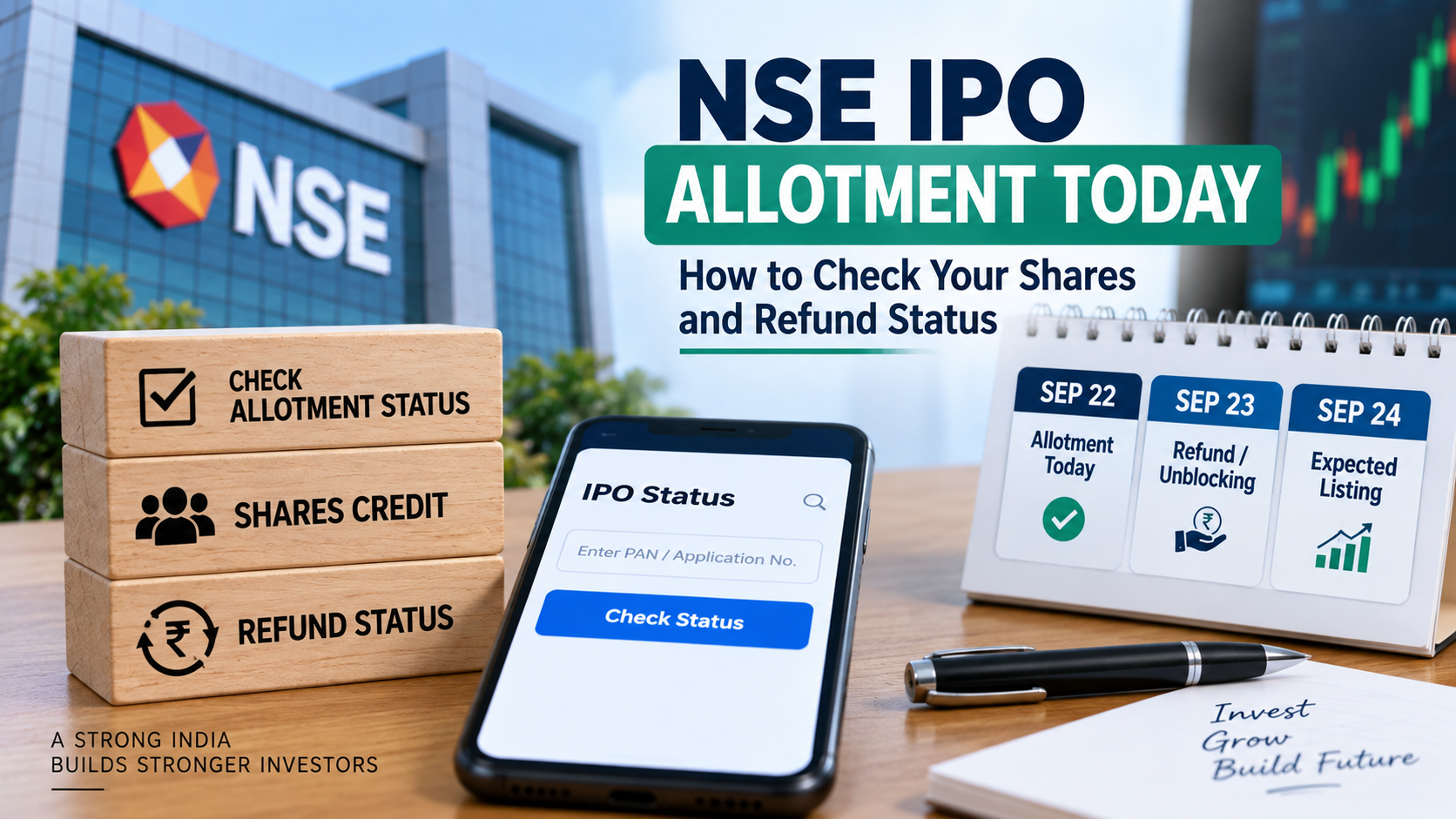 NSE IPO allotment today with steps to check share allotment, refund status and September 24 listing date.