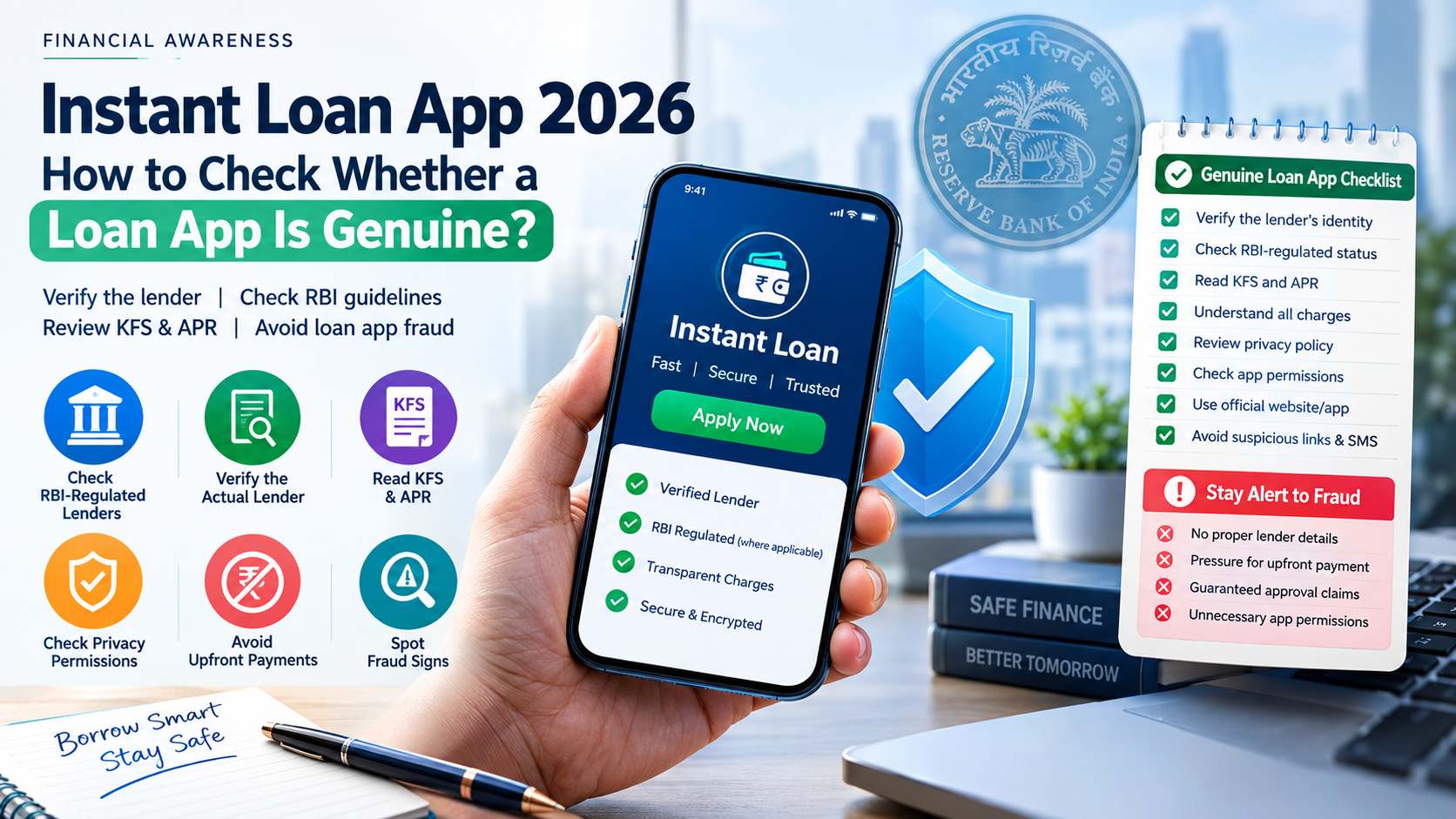 Instant Loan App 2026 guide showing how borrowers can verify genuine loan apps, check RBI-regulated lenders, review KFS and APR, and avoid loan app fraud.