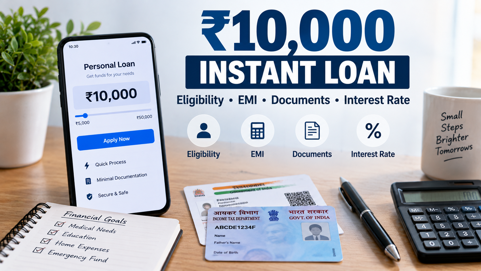 10,000 instant loan guide showing eligibility, EMI, documents, interest rate and online loan application process.