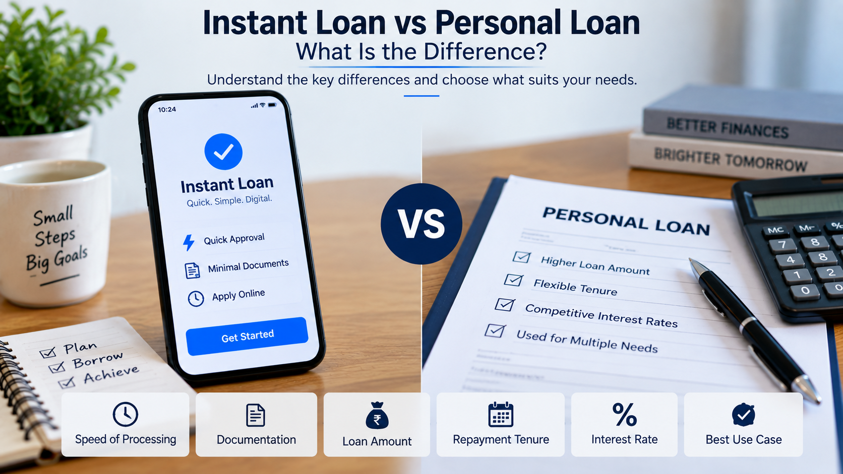 Instant loan vs personal loan comparison showing differences in EMI, interest rate, eligibility, documents and repayment.
