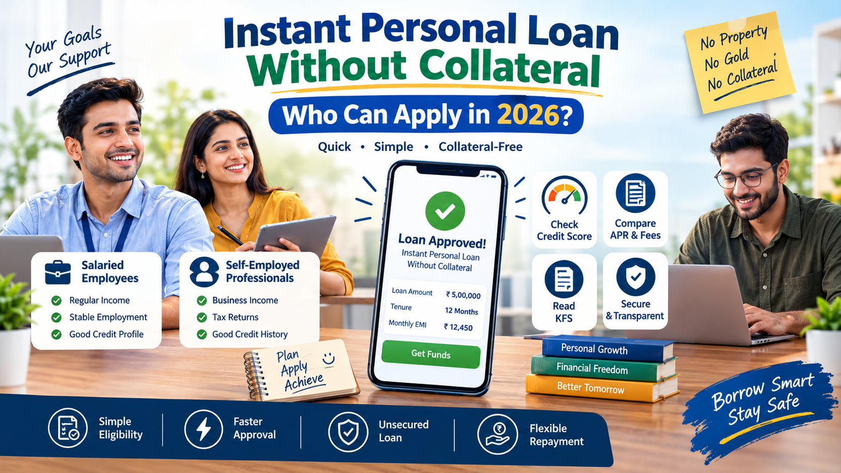 Instant personal loan without collateral in 2026 showing eligible salaried and self-employed borrowers, digital loan application, credit score, EMI and unsecured loan approval.