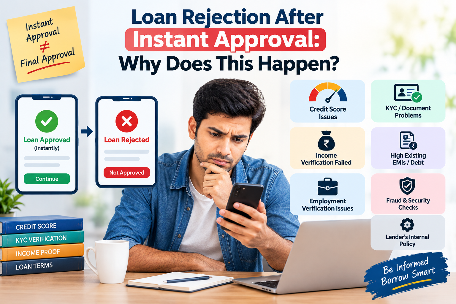 Loan rejection after instant approval showing credit score checks, KYC verification, income assessment, existing EMIs and final lender approval.