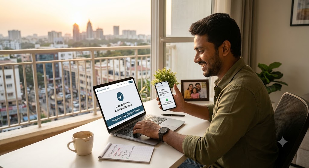 “A person confidently using a smartphone to apply for a quick online cash loan from Vizzve, with a clean digital interface showing ‘Approved’ and text overlay: ‘Transform Your Finances Today – Quick Online Cash Loan Services’.”