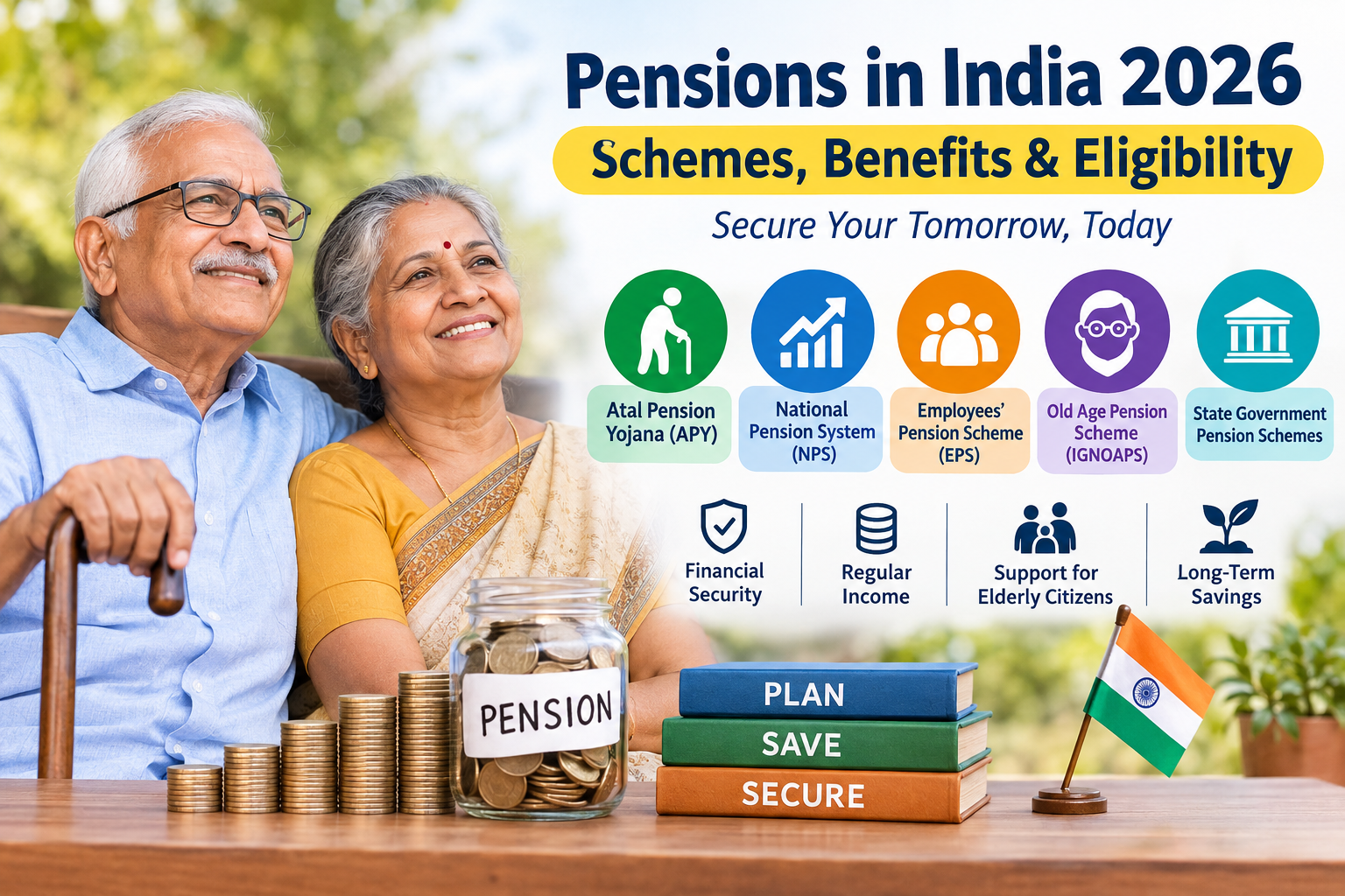Pensions in India 2026 infographic highlighting APY, NPS, EPS, old-age pension schemes, eligibility criteria, retirement benefits, and financial security for senior citizens.
