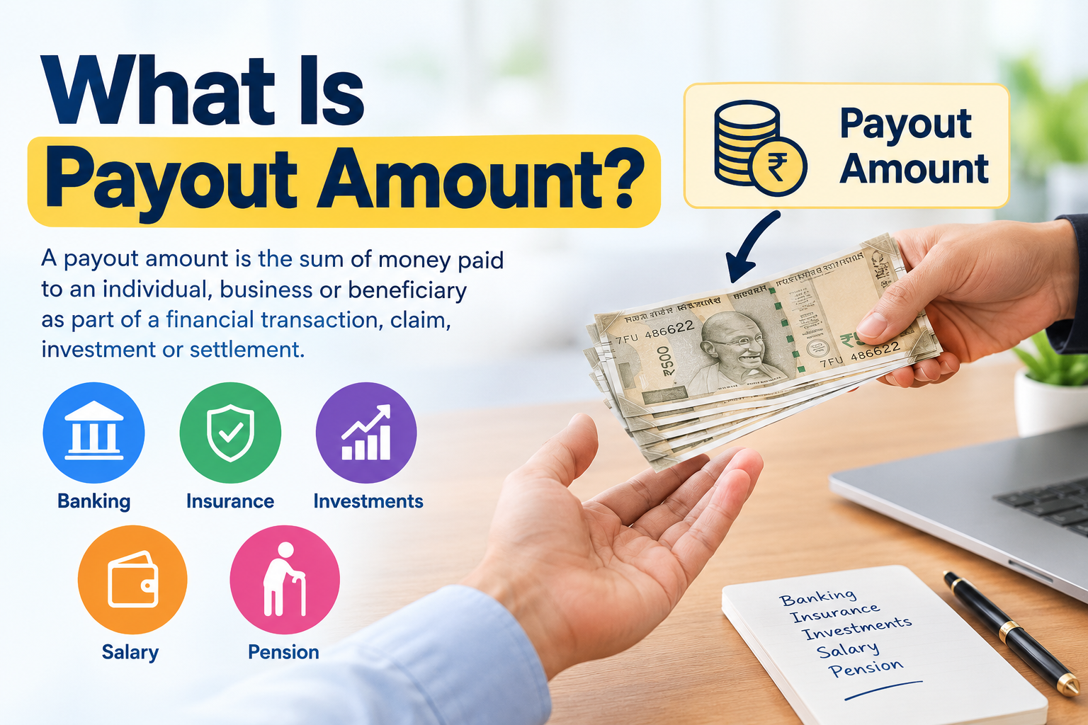 What Is Payout Amount? Infographic explaining payout amount meaning, calculation, and payment types in banking, insurance, investments, salary, and pensions.