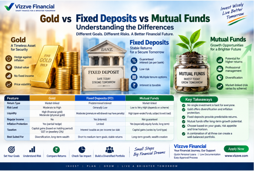 Gold vs Fixed Deposits vs Mutual Funds – Investment Comparison 2026: comparing risk, returns, liquidity, taxation and investment suitability in India