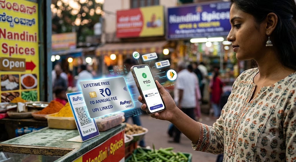 Infographic showing a RuPay lifetime free credit card linked to a UPI mobile app scanning a merchant QR code for zero annual fee payments