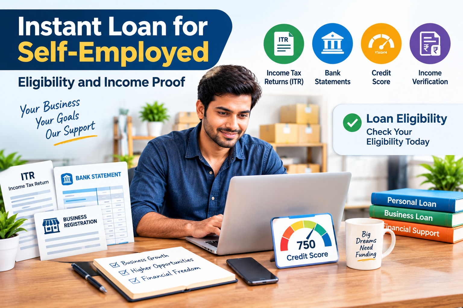 Instant loan for self-employed borrowers showing ITR, bank statements, credit score, income verification and personal loan eligibility.