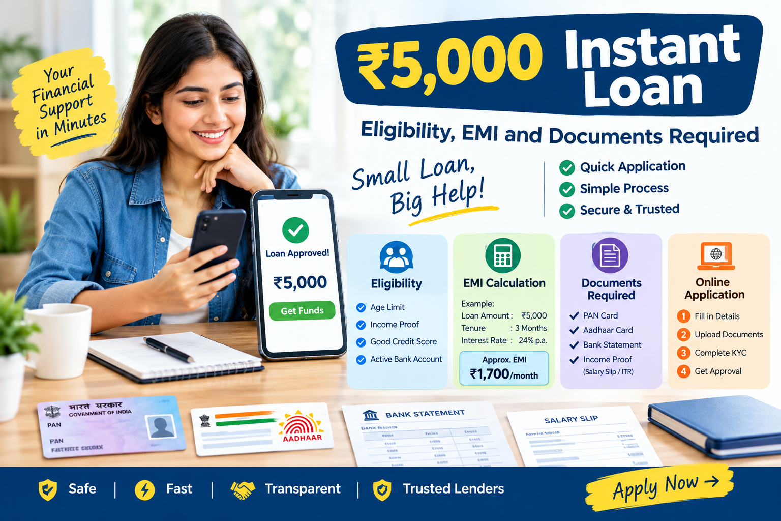 ₹5,000 instant loan showing eligibility, EMI calculation, KYC documents, income verification and online loan application process.