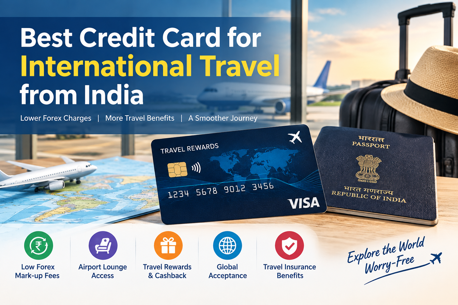Best credit card for international travel from India showing a travel rewards credit card, Indian passport, airplane, luggage and benefits such as low forex markup, airport lounge access and travel rewards.