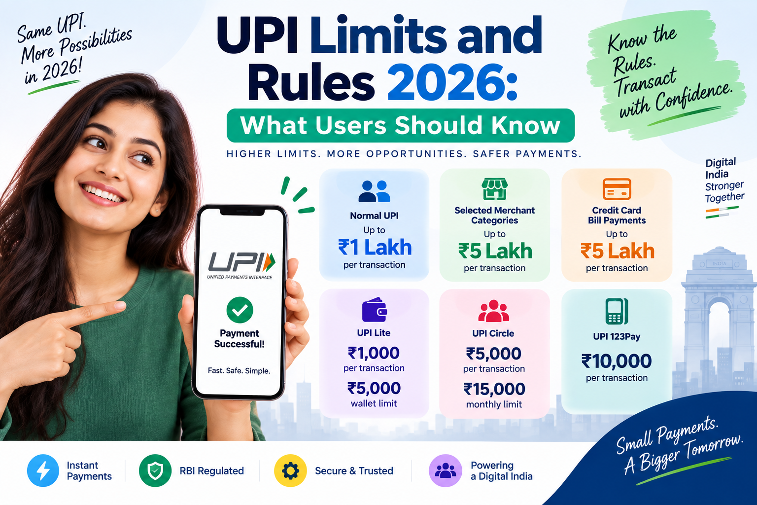 UPI limits and rules 2026 showing ₹1 lakh standard transaction limit, higher merchant limits, UPI Lite, UPI Circle and UPI safety tips.