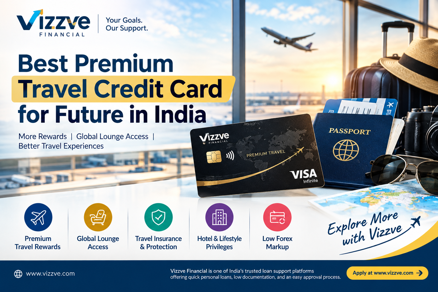 Vizzve Financial banner featuring a premium travel credit card, Indian passport, airplane and luggage, highlighting travel rewards, global airport lounge access, travel insurance, hotel privileges and low forex markup in India.