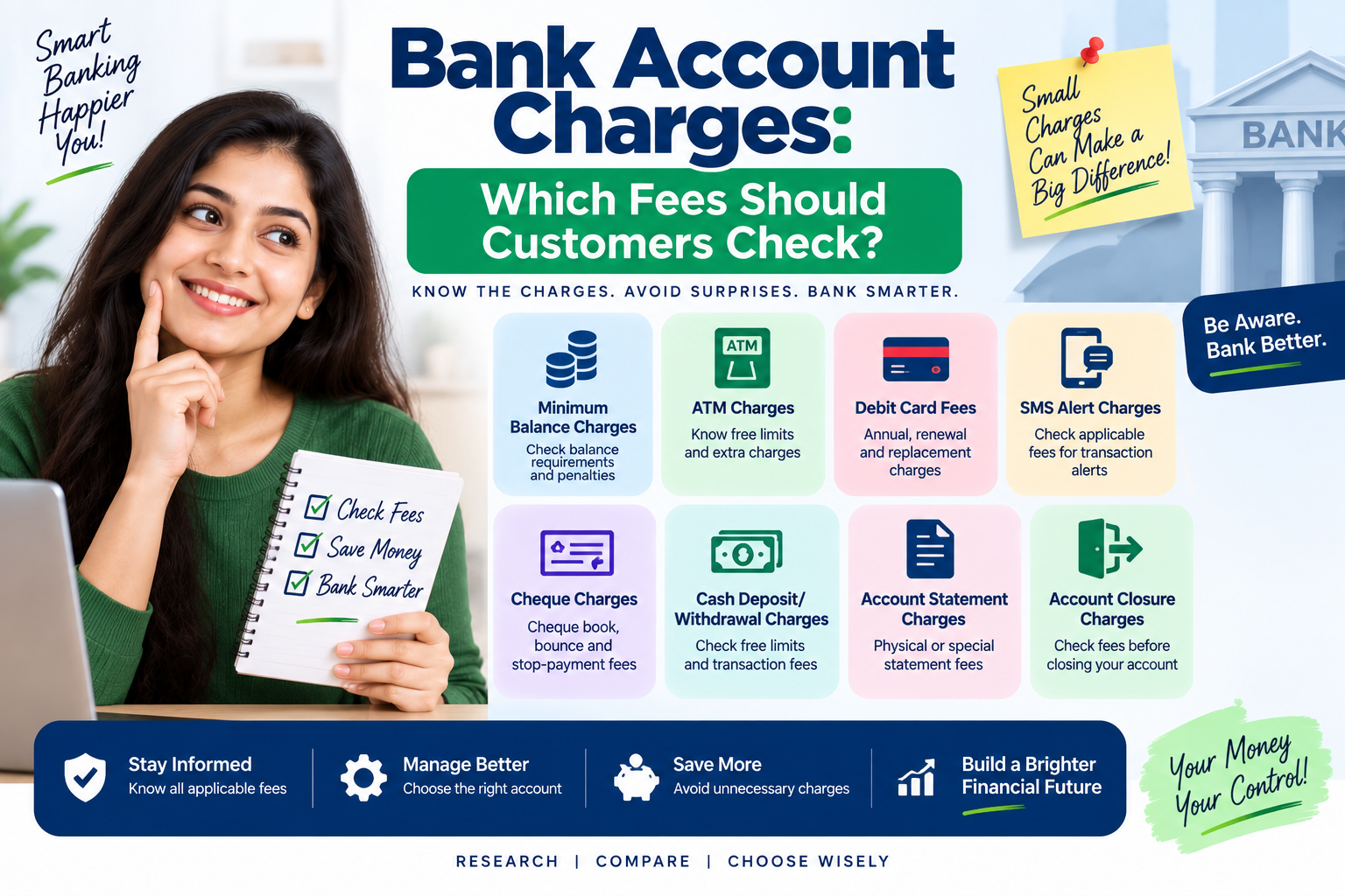 Bank account charges in India showing minimum balance, ATM, debit card, SMS, cheque and account service fees.