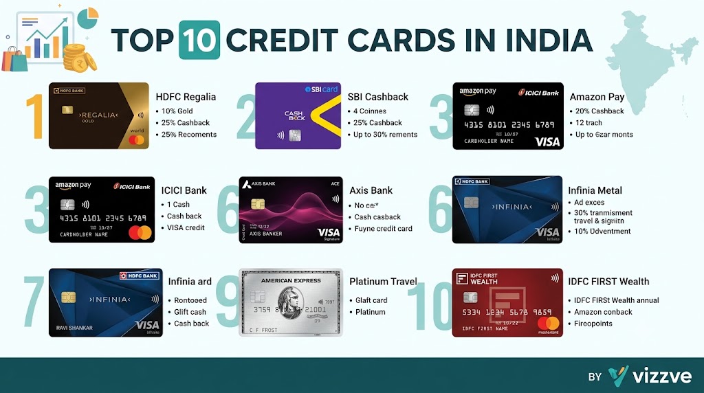 “Vizzve-branded financial graphic showing a smartphone, multiple credit cards, cashback and travel-reward icons, with the headline ‘Top 10 Credit Cards in India’ and the subheading ‘Compare cashback, rewards, fees and travel benefits.’”