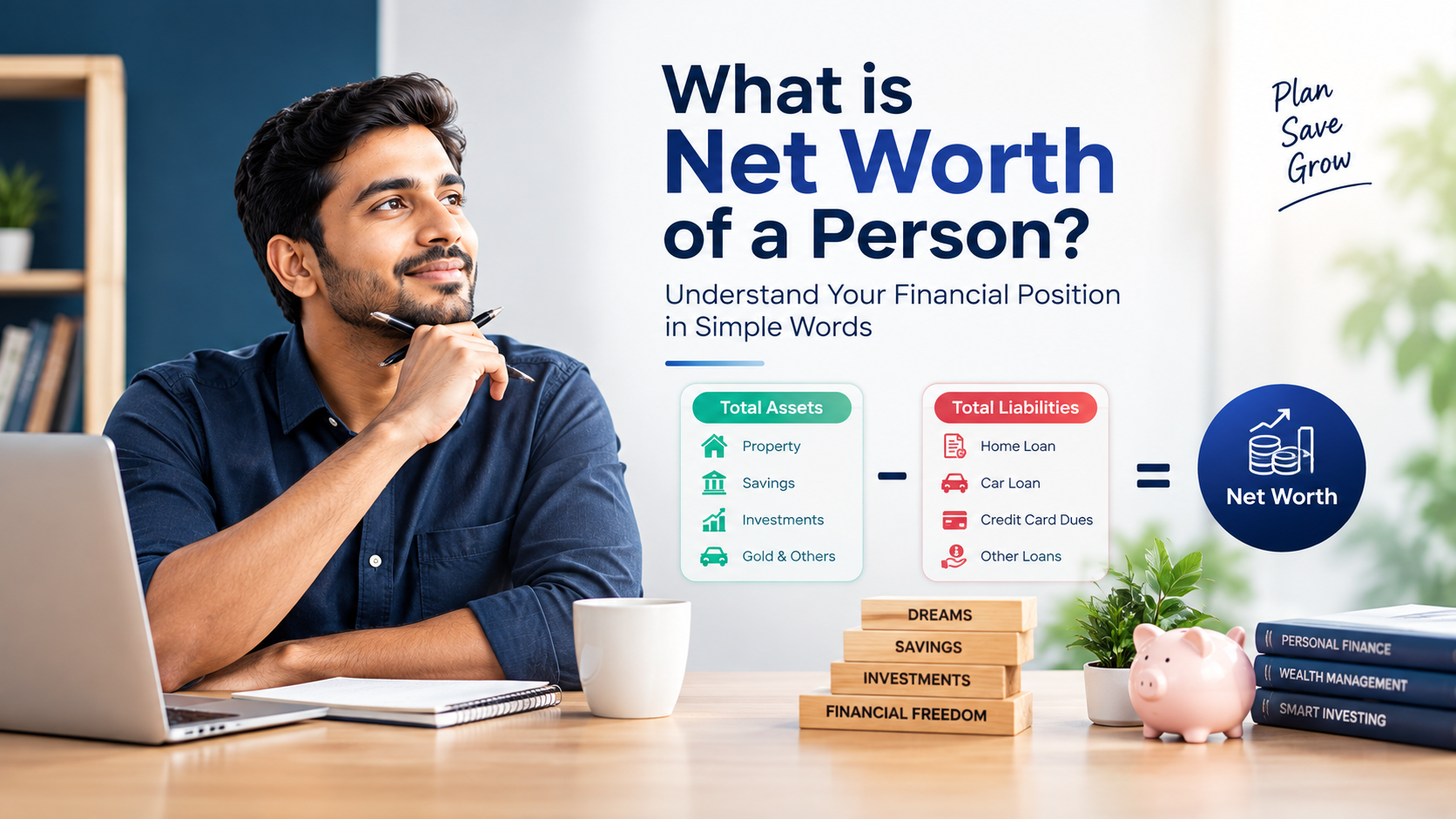 What is net worth of a person showing assets, liabilities, savings, investments and personal net worth calculation in India