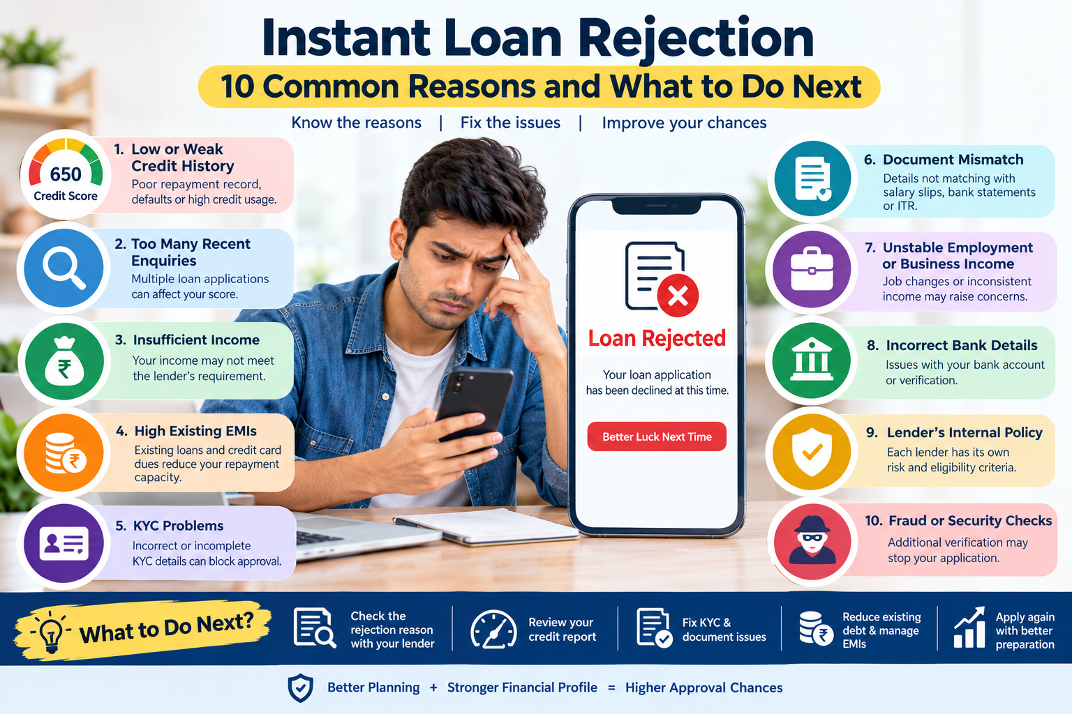 Personal loan application rejected showing credit score, high EMIs, income verification, KYC issues, document checks and lender eligibility review.
