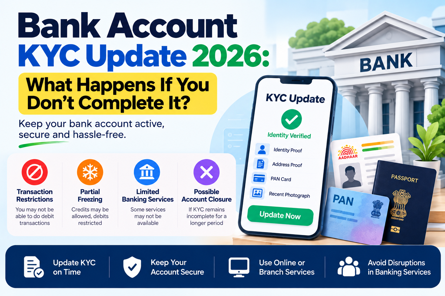 Bank account KYC update 2026 showing Re-KYC documents, online verification, RBI rules and account restrictions.