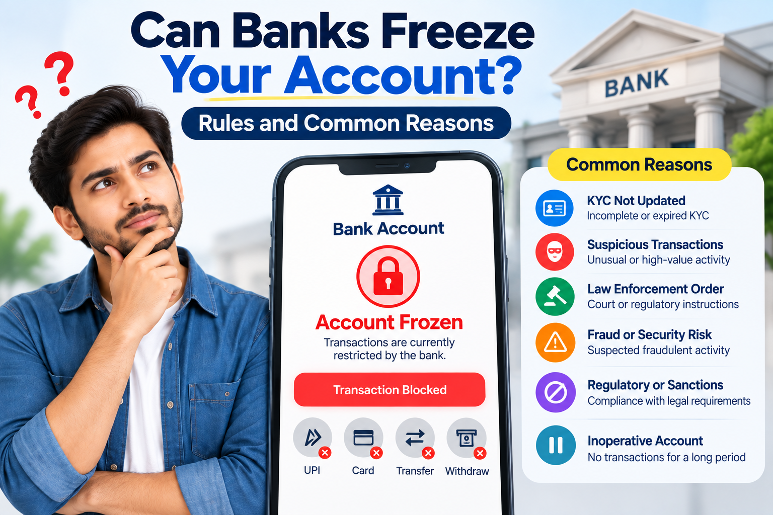 Can banks freeze your account in India showing KYC, fraud, legal orders and account restriction reasons