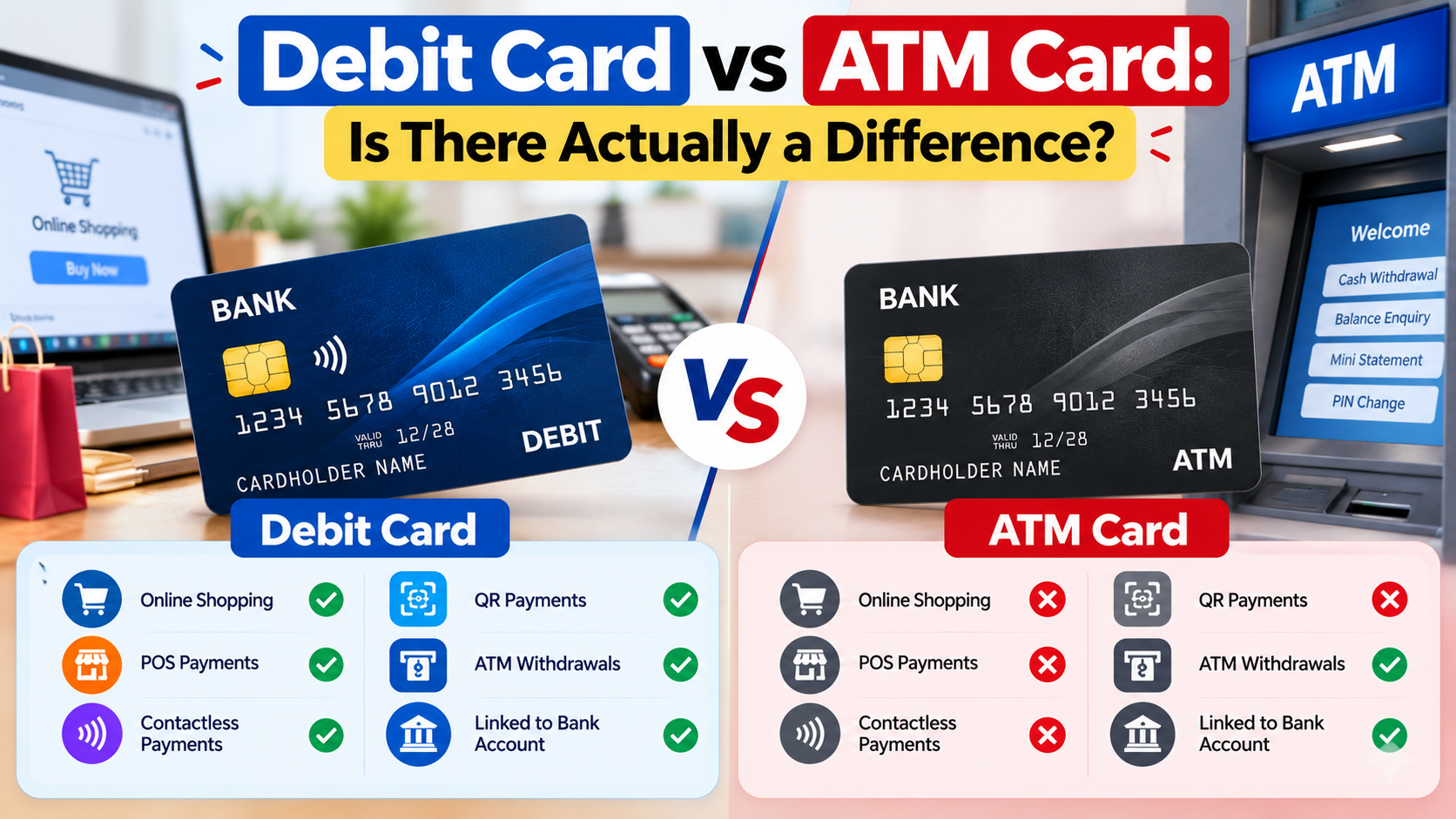 Debit card vs ATM card showing differences in ATM withdrawal, online shopping and POS payments