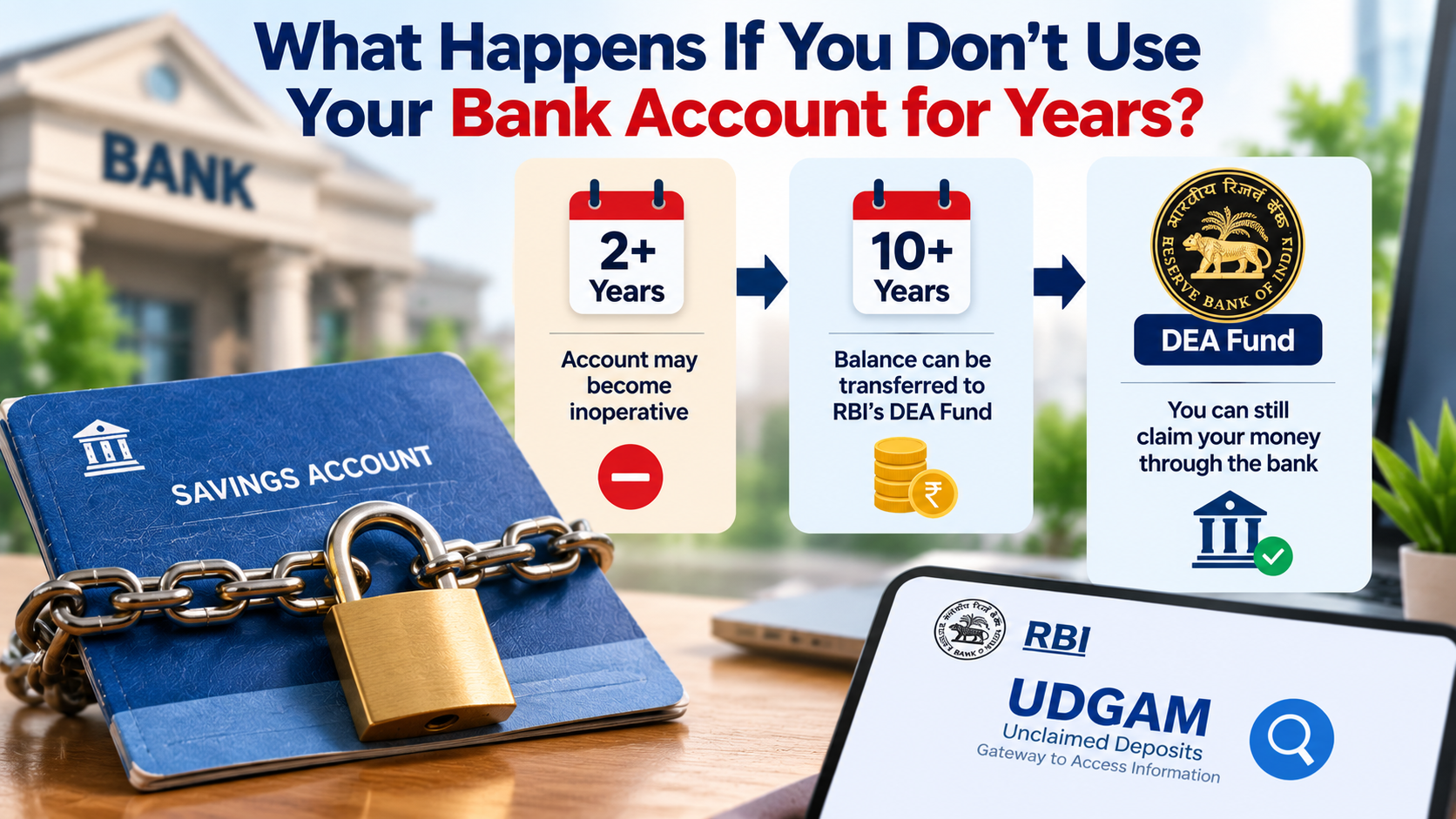 What happens to a bank account if you don't use it for years showing dormant account, RBI rules and UDGAM portal