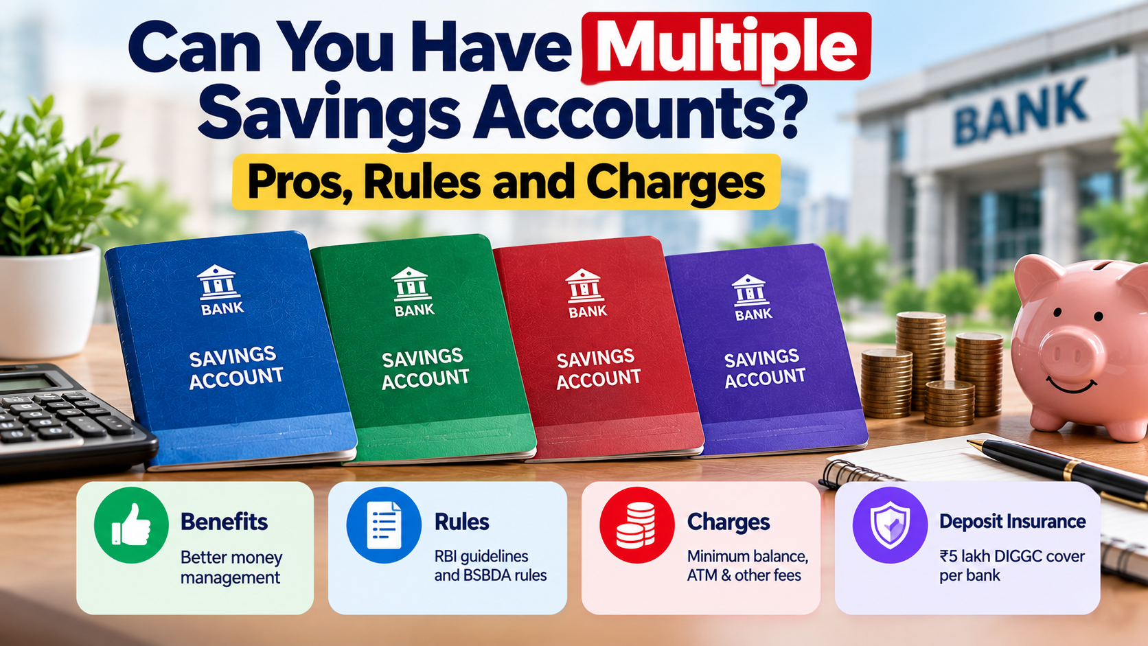 Multiple savings accounts showing RBI rules, bank charges, minimum balance and DICGC deposit insurance