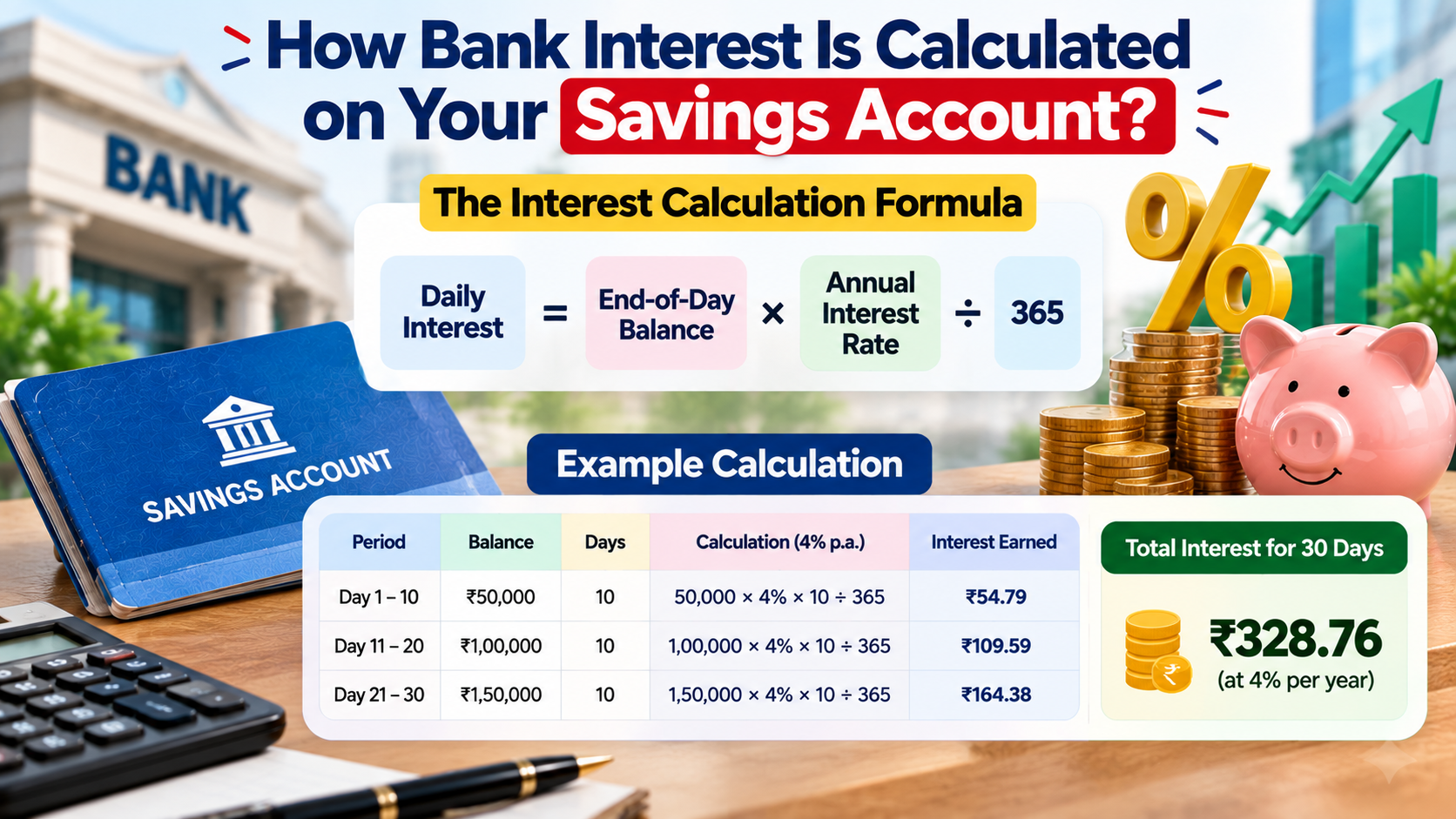 Savings account interest calculation showing daily balance, interest rate and bank interest formula