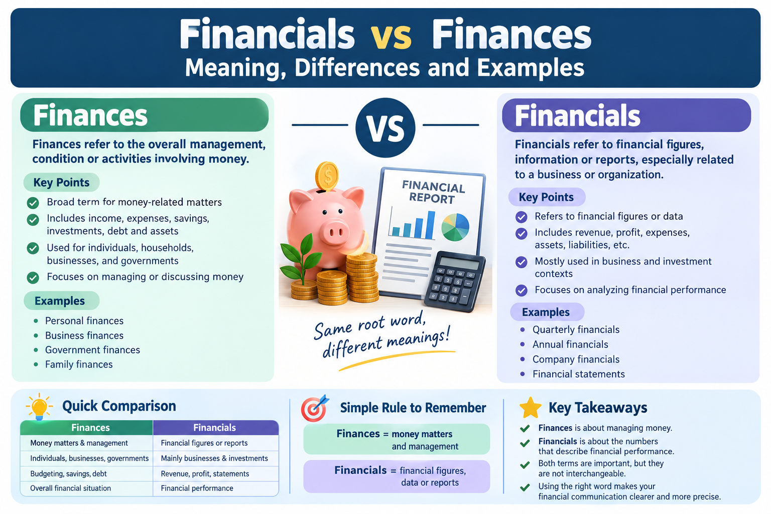 Financials vs Finances: meaning, differences, financial reports, money management, and examples explained in a finance infographic.