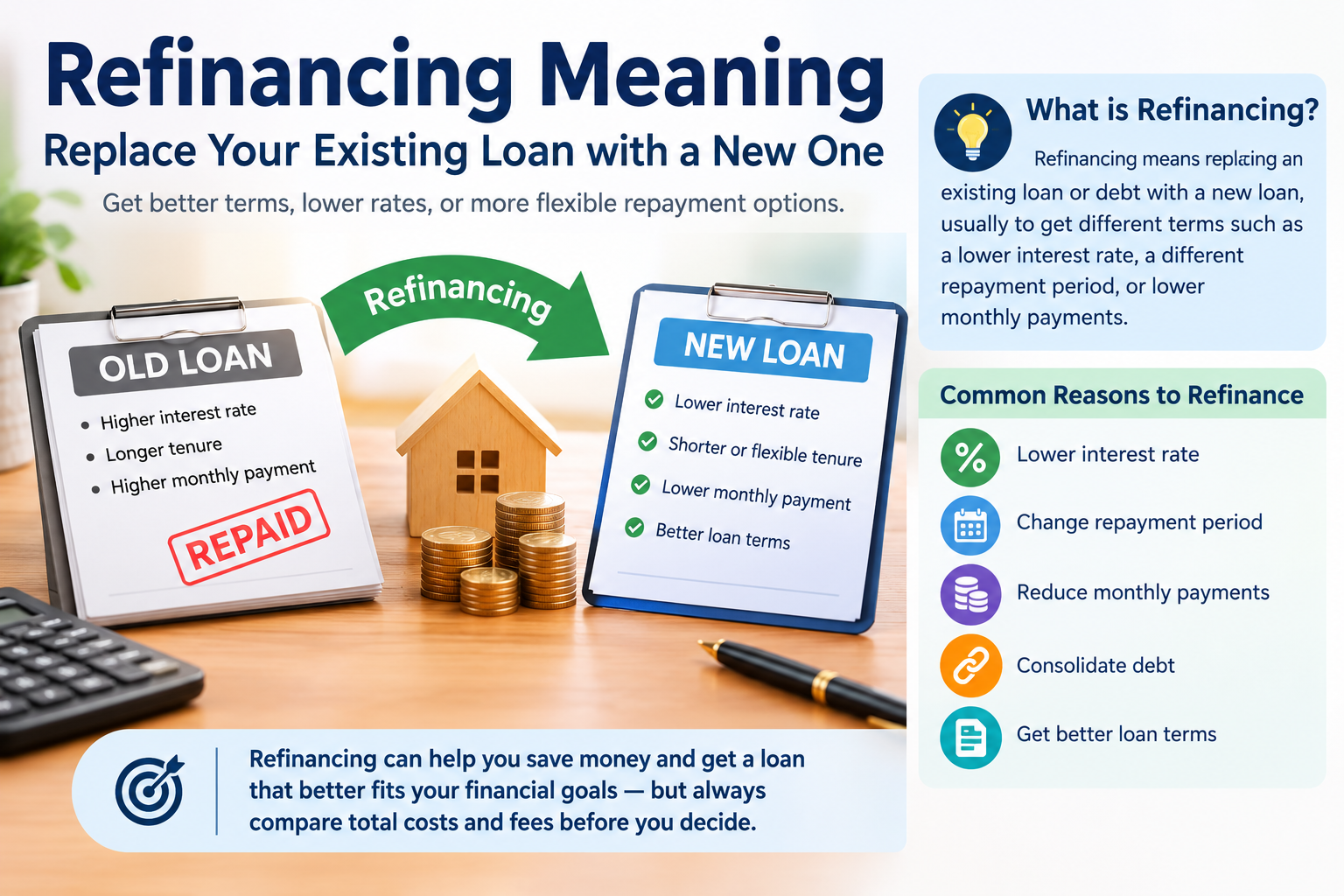 Refinancing meaning explained with old and new loans, lower interest rates, flexible repayment terms, reduced monthly payments, and debt consolidation.