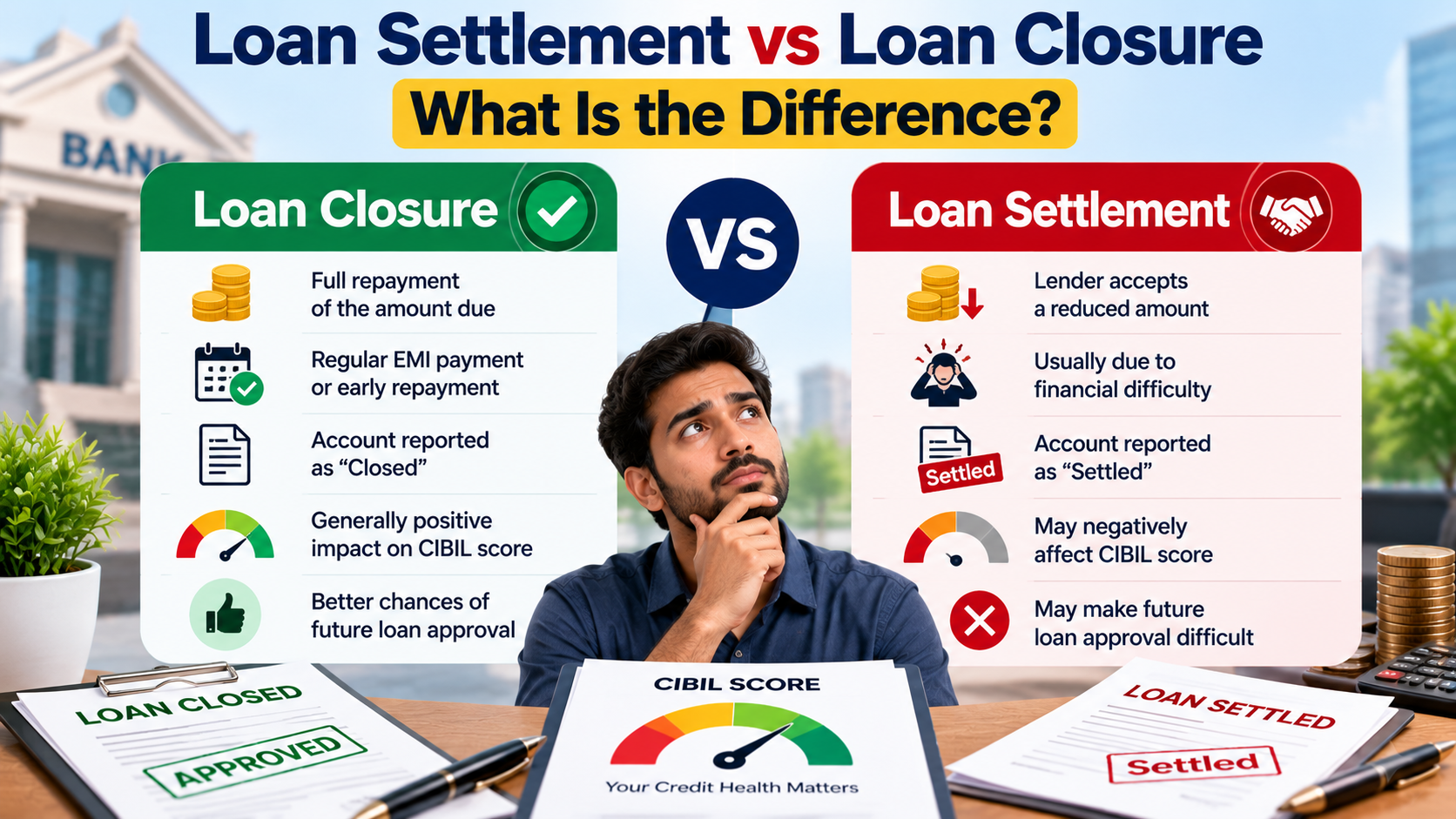 Infographic comparing loan settlement and loan closure, repayment amounts, and CIBIL score impact