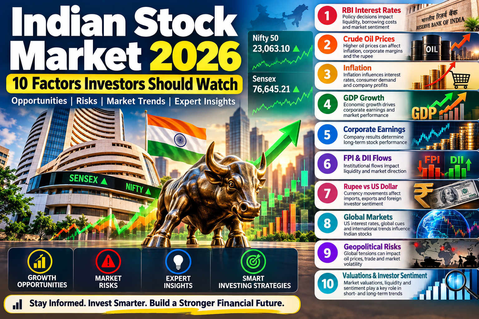 Indian Stock Market 2026: 10 Factors Investors Should Watch Including RBI Rates, Crude Oil, Inflation and Global Markets