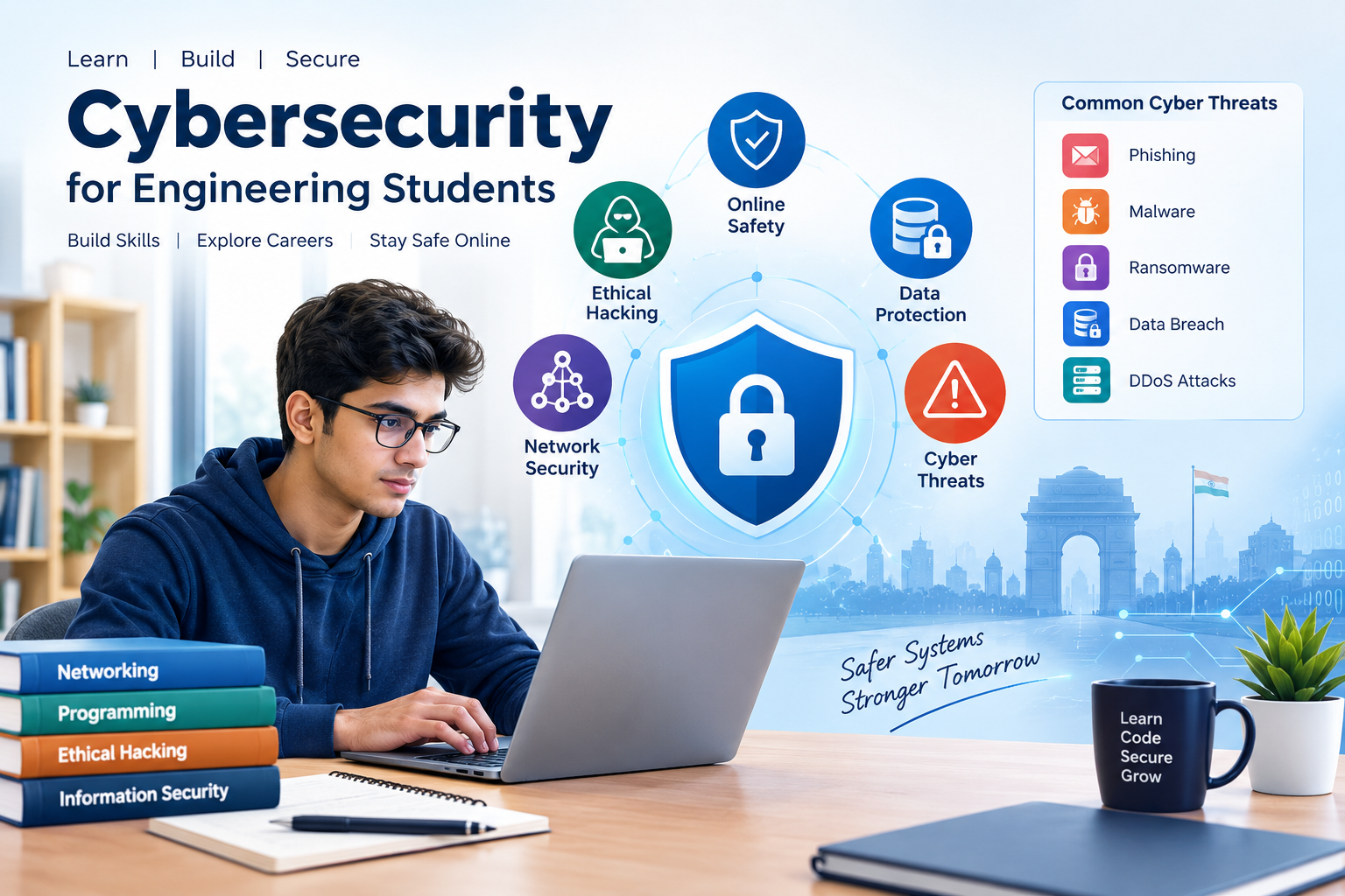 Cybersecurity for engineering students showing online safety, ethical hacking, network security, data protection, and cyber threats in India.