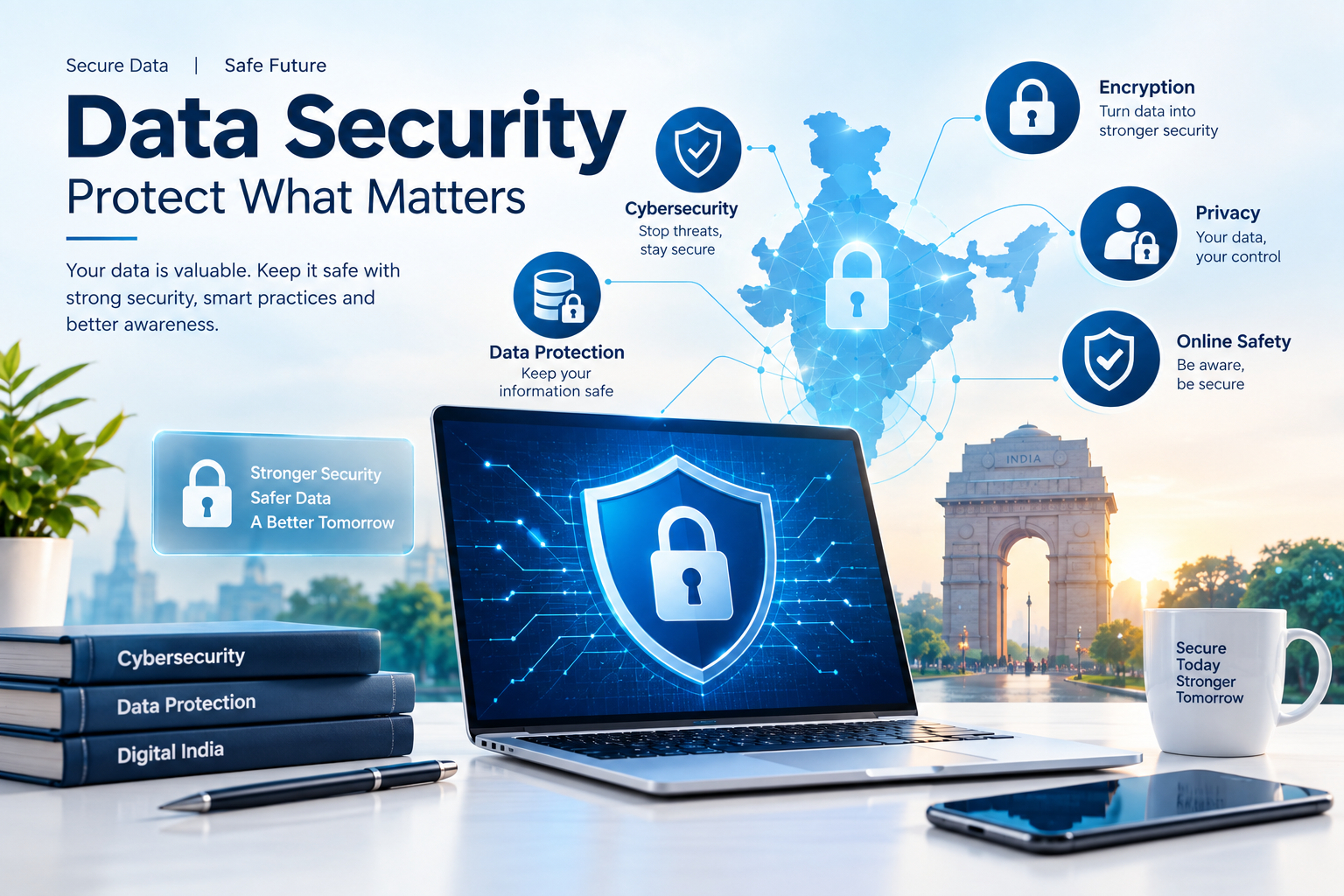 Data security in India showing data protection, encryption, cybersecurity, secure digital information, privacy, and online safety.