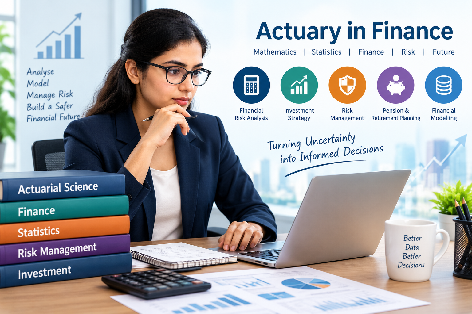 Actuary in Finance professional analyzing financial risk, investment strategy, statistics, and financial models on a laptop.