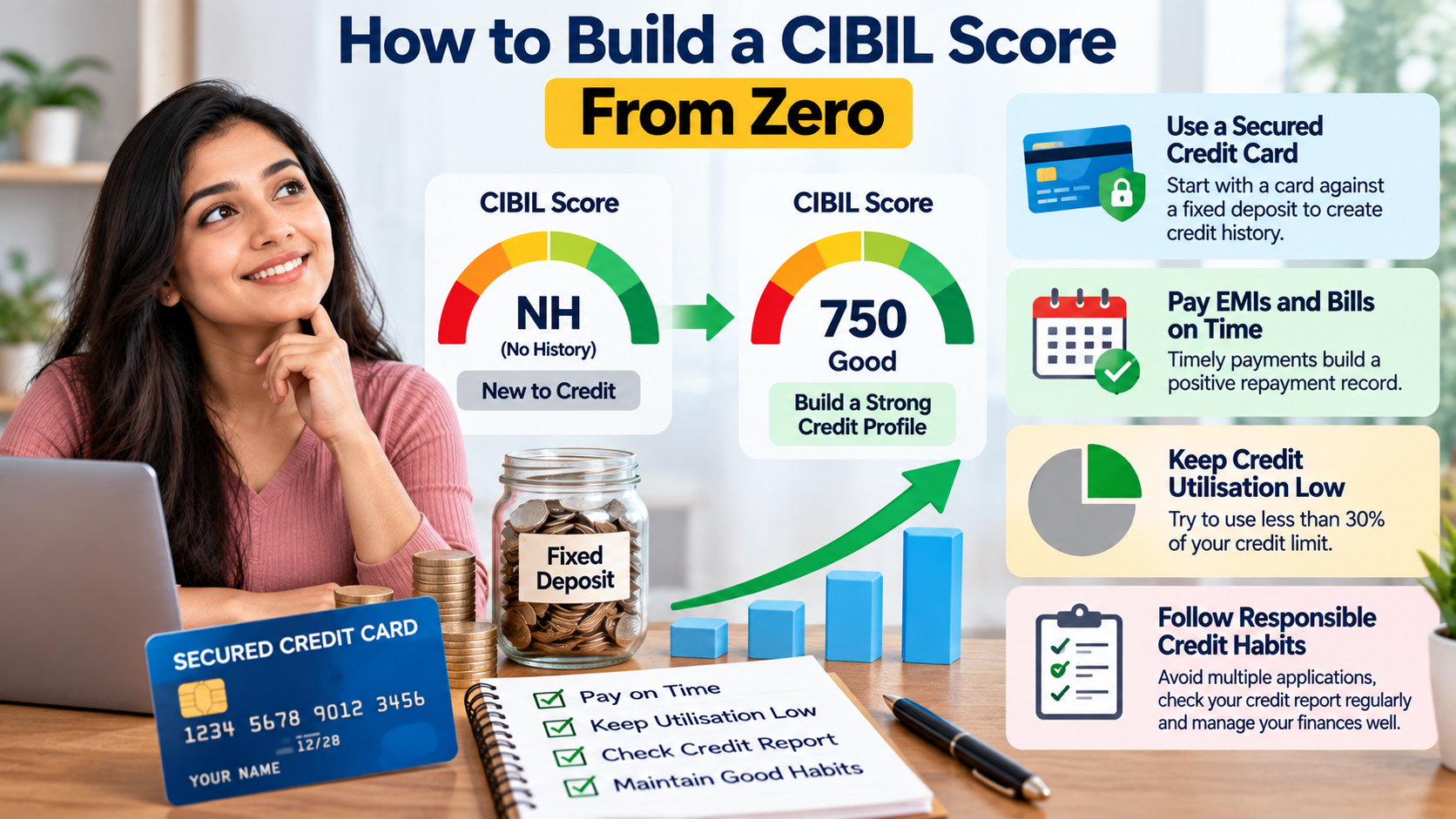 How to build a CIBIL Score from zero using a secured credit card, timely EMI payments, low credit utilisation, and responsible credit habits.