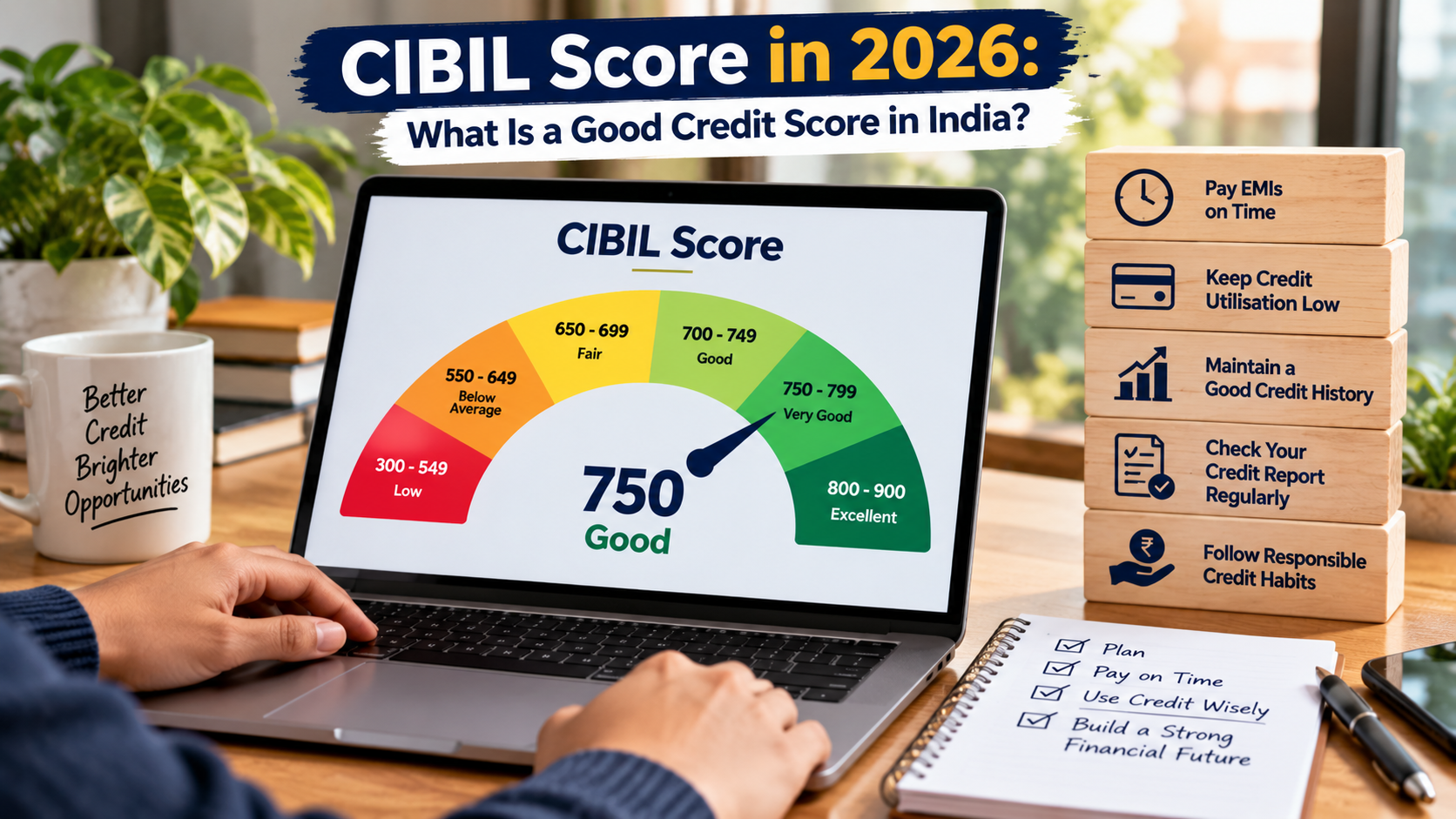 CIBIL Score range in India in 2026, showing credit scores from 300 to 900 and explaining why a score above 700 is generally considered good