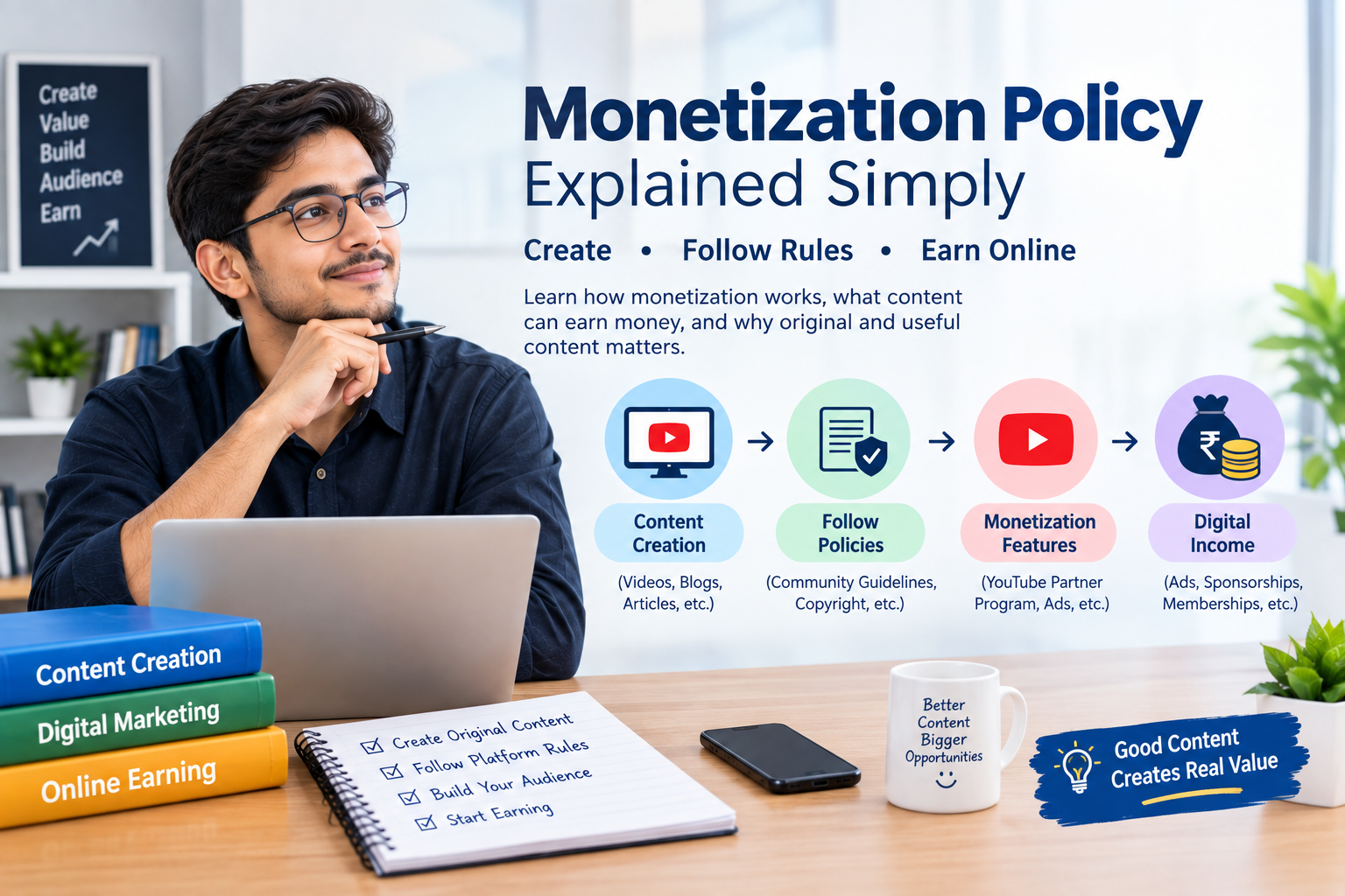 Monetization policy explained for any brands, showing online earning, content creation, YouTube monetization, and digital income.