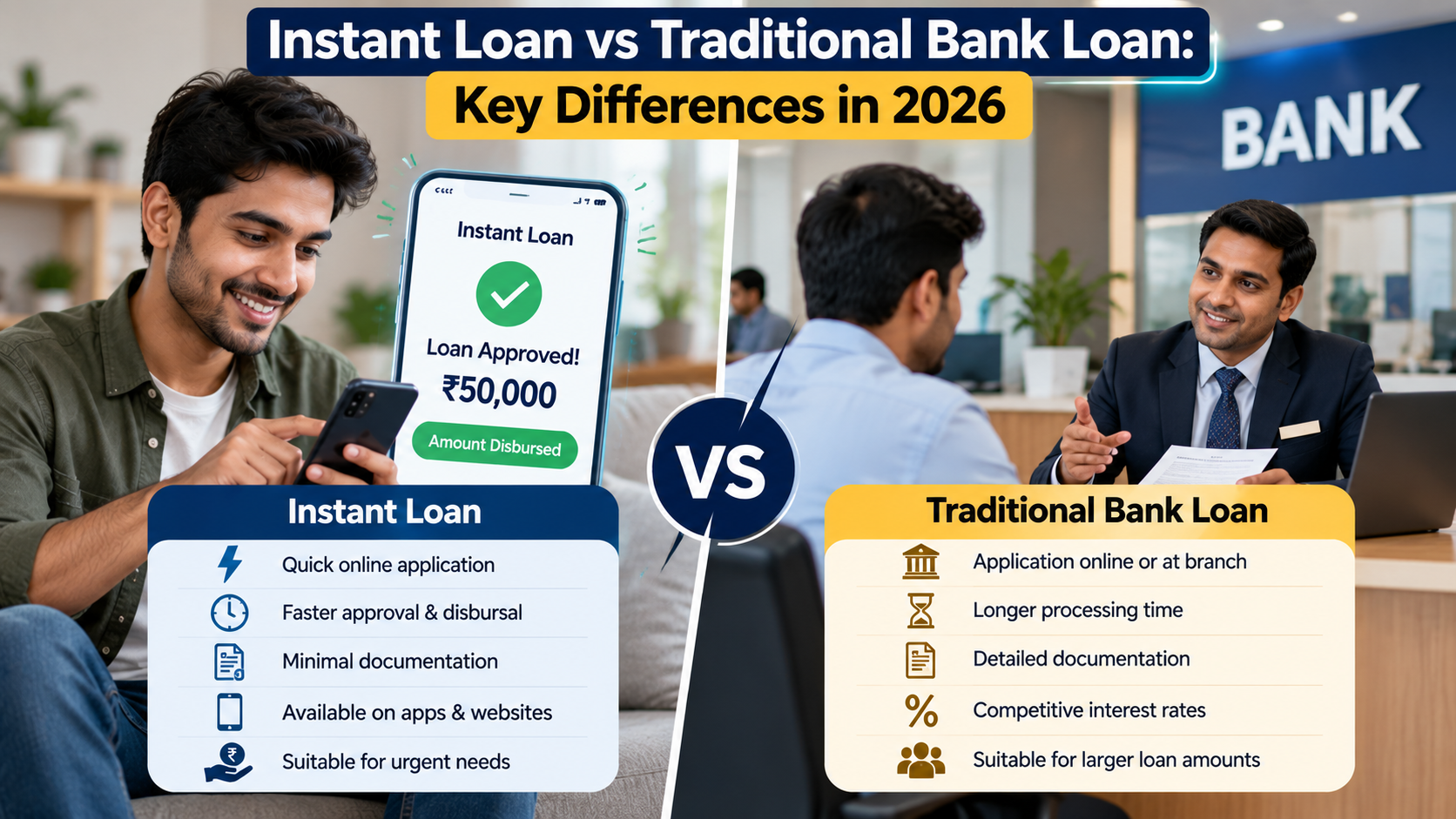 Instant loan vs traditional bank loan comparison showing digital loan application, bank lending, approval time, interest rates and repayment options.