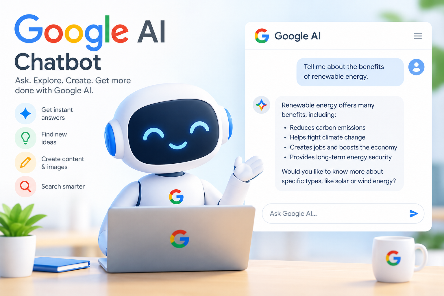 Google Gemini AI chatbot interface showing an artificial intelligence assistant for writing, research, planning, and productivity tasks.