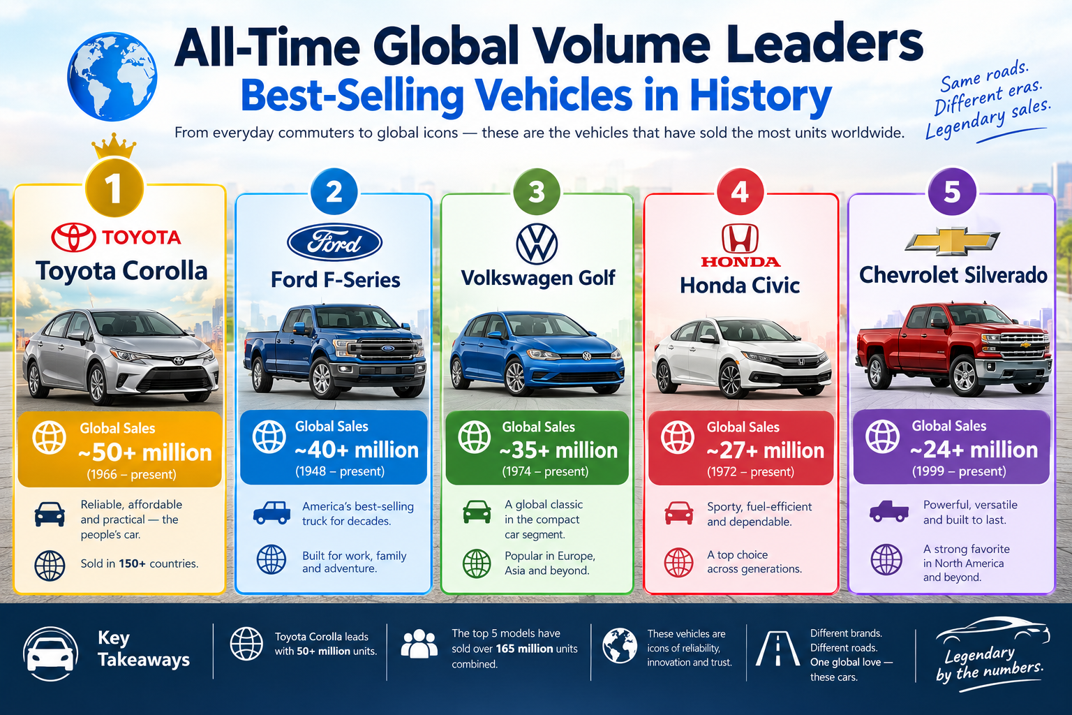 Collage of the world’s best-selling vehicles, including the Toyota Corolla, Ford F-Series, Volkswagen Golf, Honda Civic, and Volkswagen Beetle.  Short Alt Text