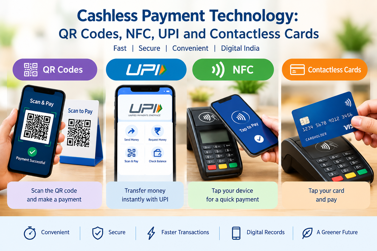 Cashless payment technology showing QR codes, UPI, NFC and contactless cards for digital payments.