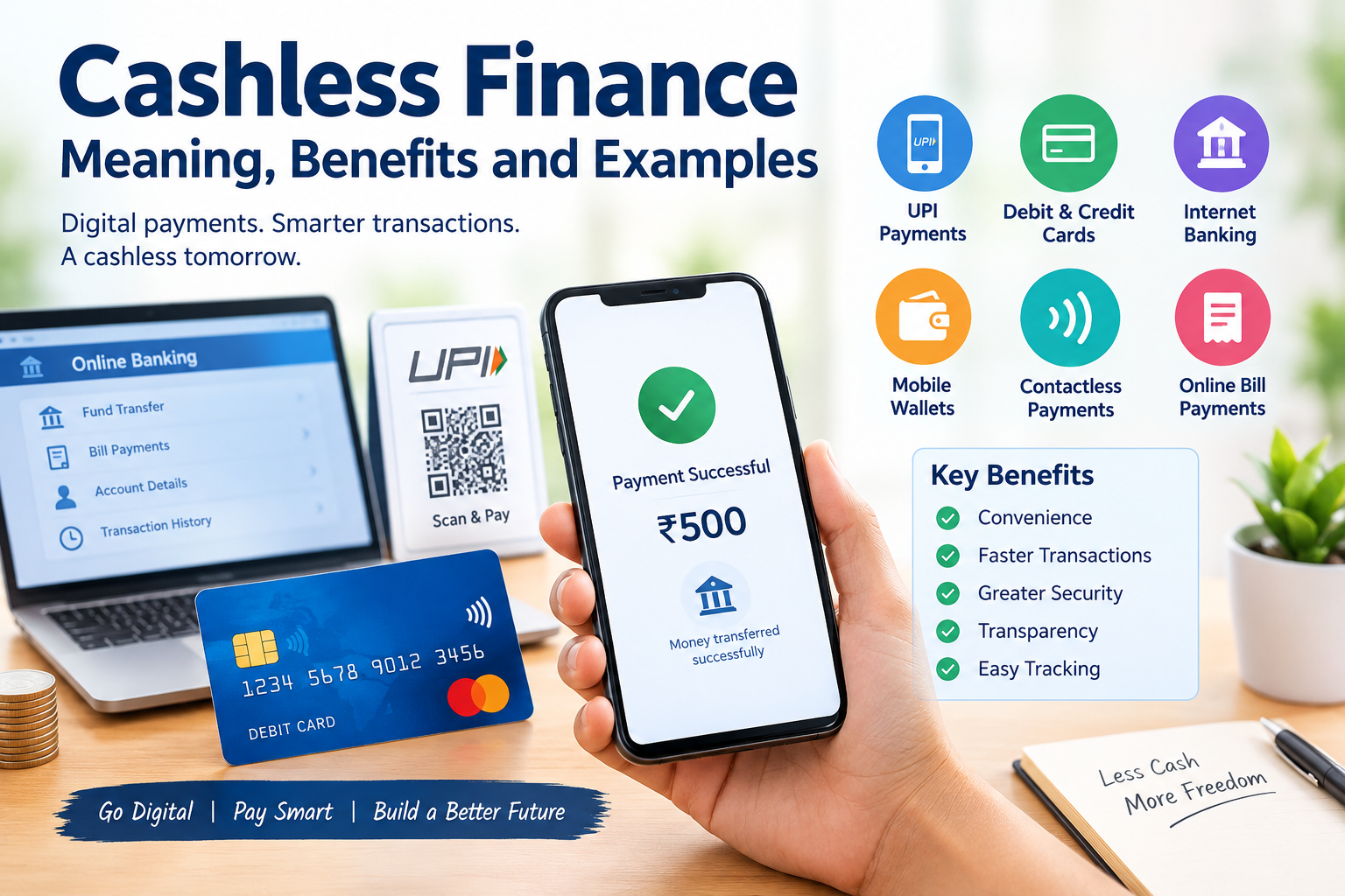 Cashless finance concept showing UPI, digital payments, cards, mobile banking and online financial transactions
