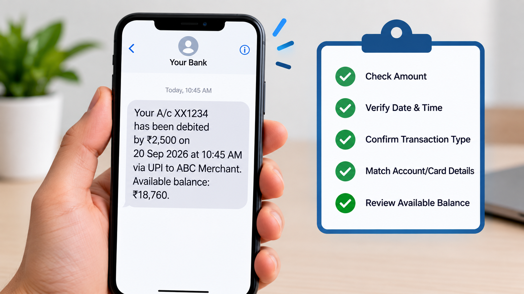 Bank SMS alerts on a smartphone showing a transaction notification, with a checklist for verifying bank debits, credits and suspicious activity.