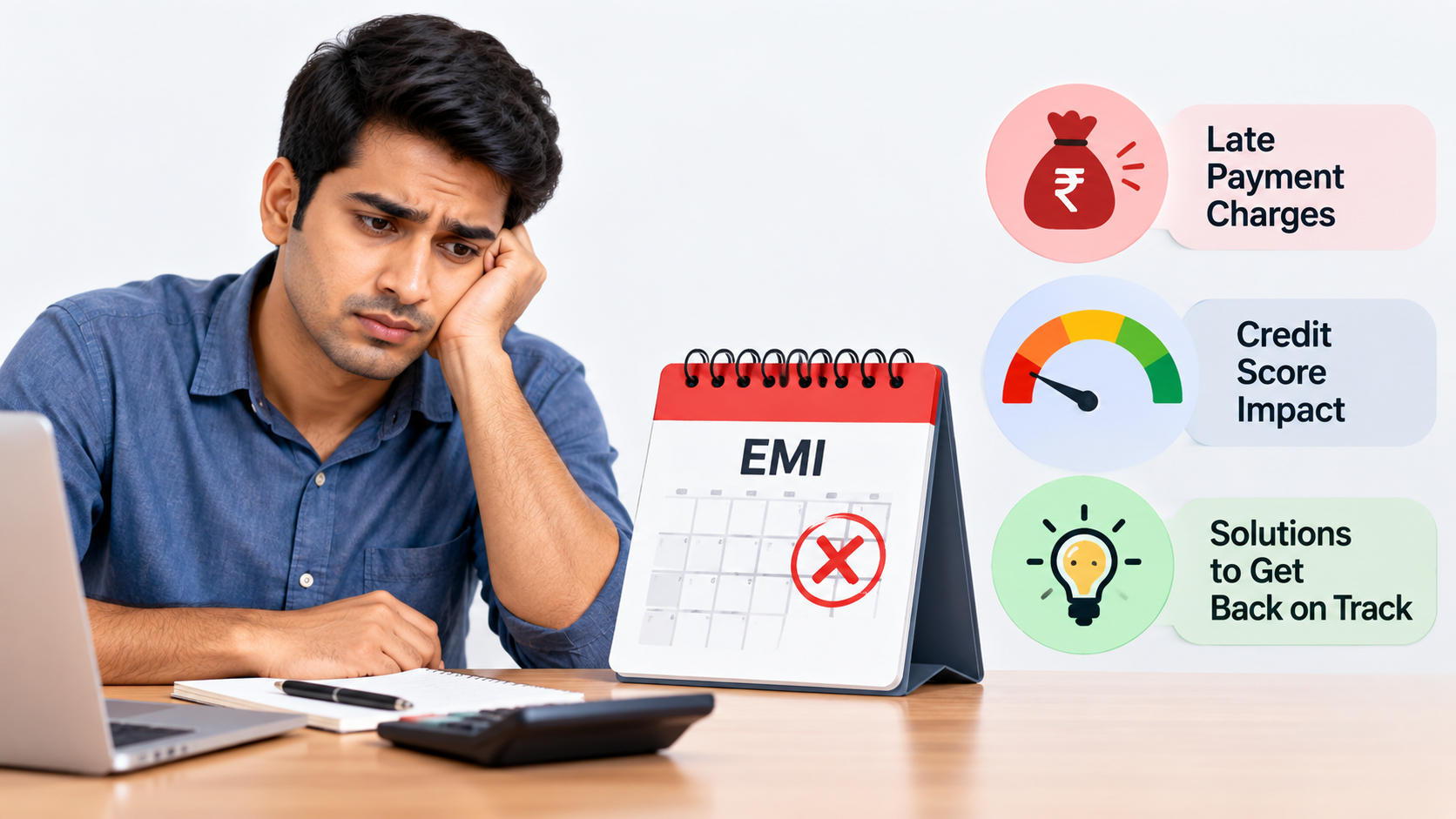 Illustration explaining the consequences of a missed loan EMI, including late-payment charges, possible CIBIL Score impact and repayment solutions.
