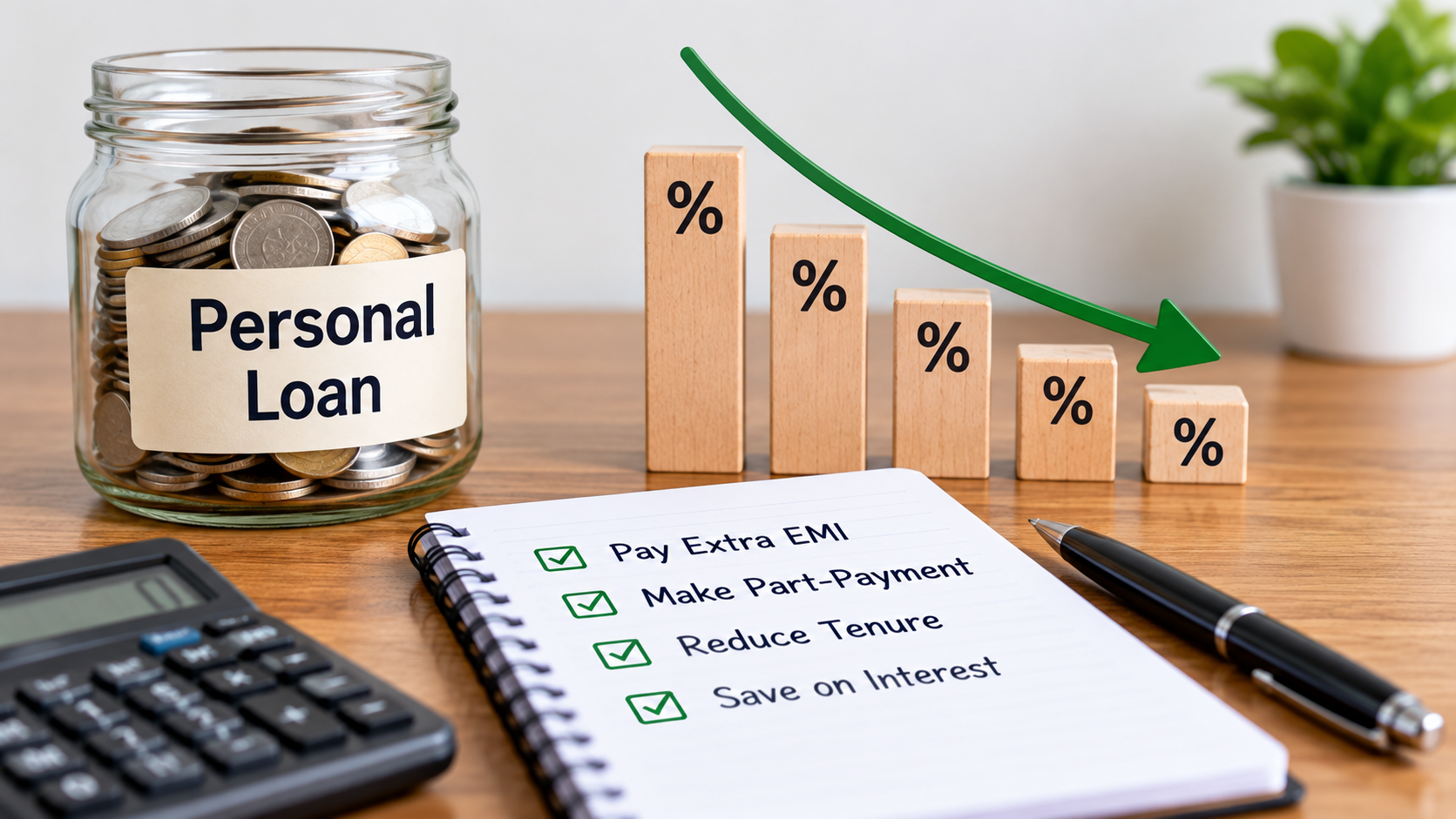 Personal loan repayment planning with a calculator, EMI schedule and savings checklist to show how extra payments can reduce loan interest.