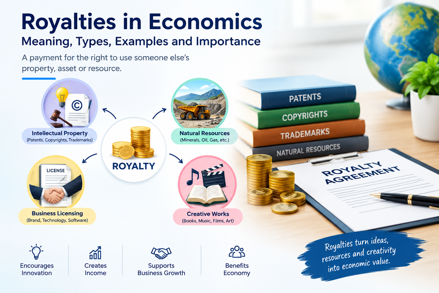 Royalties in economics explained with royalty payments, intellectual property, natural resources, licensing, and business income in India